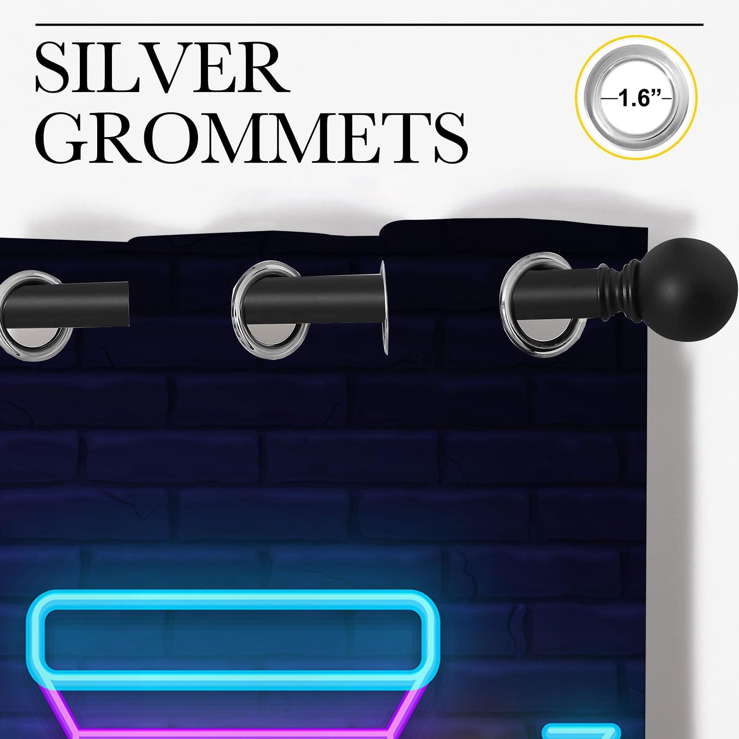 Neon Art Retro Game and Arcade Game Grommet Blackout Curtains for Boy Girl Bedroom,Video Gaming Gamepad and Wall Background Thermal Insulated Home Window Drapes for Living Room Darkening,72x63in