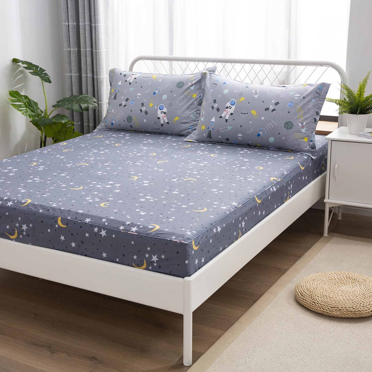 Brandream Kids Bedding Sets Full Size Astronaut Space Galaxy Boys Bed Sheet Set Deep Pockets Grey Bed Sheets Pillow Cases Set 100% Cotton 4-Piece
