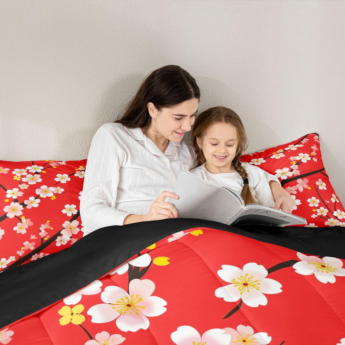 jejeloiu Cherry Blossom Kids Comforter Set Queen Size Japanese Style Bedding Set Chinese Ink Painting Duvet Quilt for Kids Boys Girls Bedroom Plum Blossom Decor Microfiber Ultra Soft Breathable