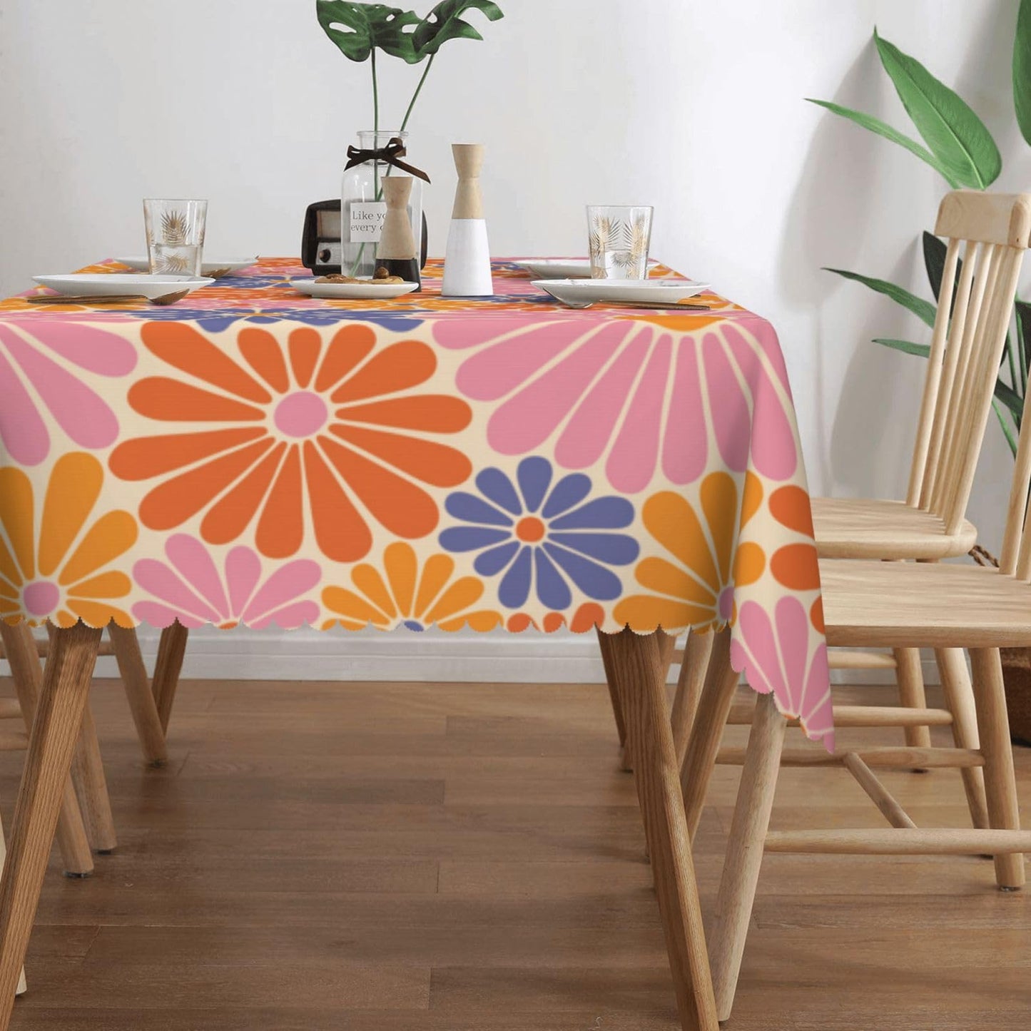 ZYPHORIEL Daisy Flowers Rectangle Tablecloths Retro Orange Pink Blue Flower Table Cloths Decorative Kitchen Dining Tablecloth for Rectangular Tables,Washable Table Cover for Party 54 x 72 Inch