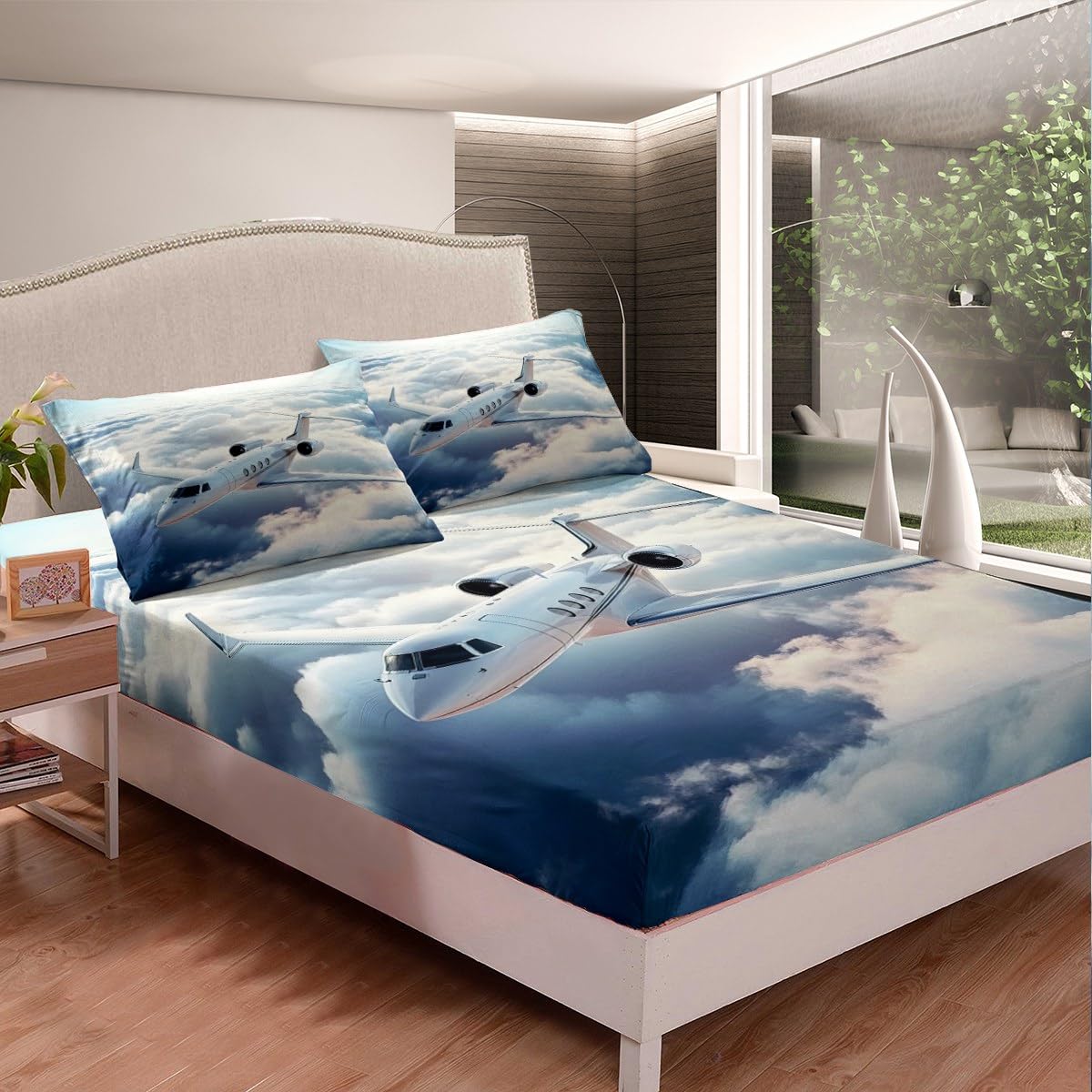 Feelyou Kids Aircraft Bed Sheet Set Full Size,3D Airplane Fitted Sheet Boys Girls Fighter Plane Bedding Set Sky Planes Teens Bed Cover Bedroom Decor (2 Pillow Cases and a Fitted Sheet)