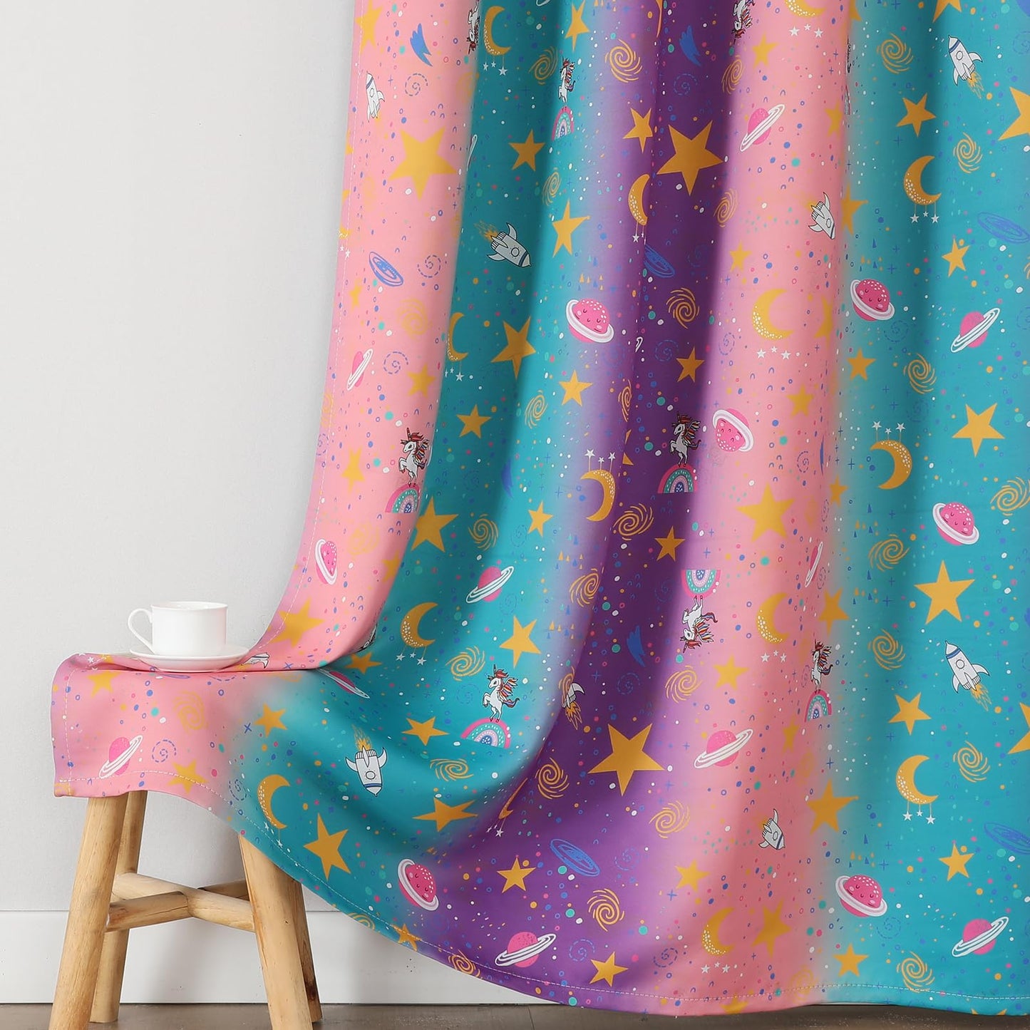Estelar Textiler Unicorn Rainbow Galaxy Printed Ombre Pink Purple Teal Blackout Curtains for Kids & Girls Room,Thermal Insulated Room Darkening Grommet Drapes with Star & Moon Pattern,38Wx63L,2 Panels
