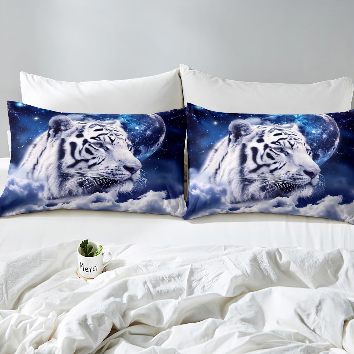 Galaxy White Tiger Bed Sheets King,Wild Animal Print Bed Sheet Set Boho Nebulas Stars and Moon Wildlife Bedding Set Outer Space Bed Cover Sky Starry Fitted Sheet + Blue Flat Sheet + 1 Pillow Case