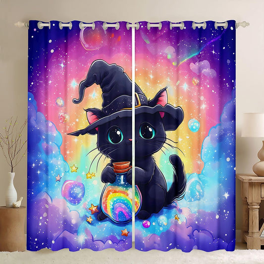 Feelyou Black Cat Curtains for Bedroom Living Room Cute Kitten Blackout Shades Rainbow Room Darkening Curtain Cute Animal Window Treatments, 2 Panels 42 x 90 Inch Decor