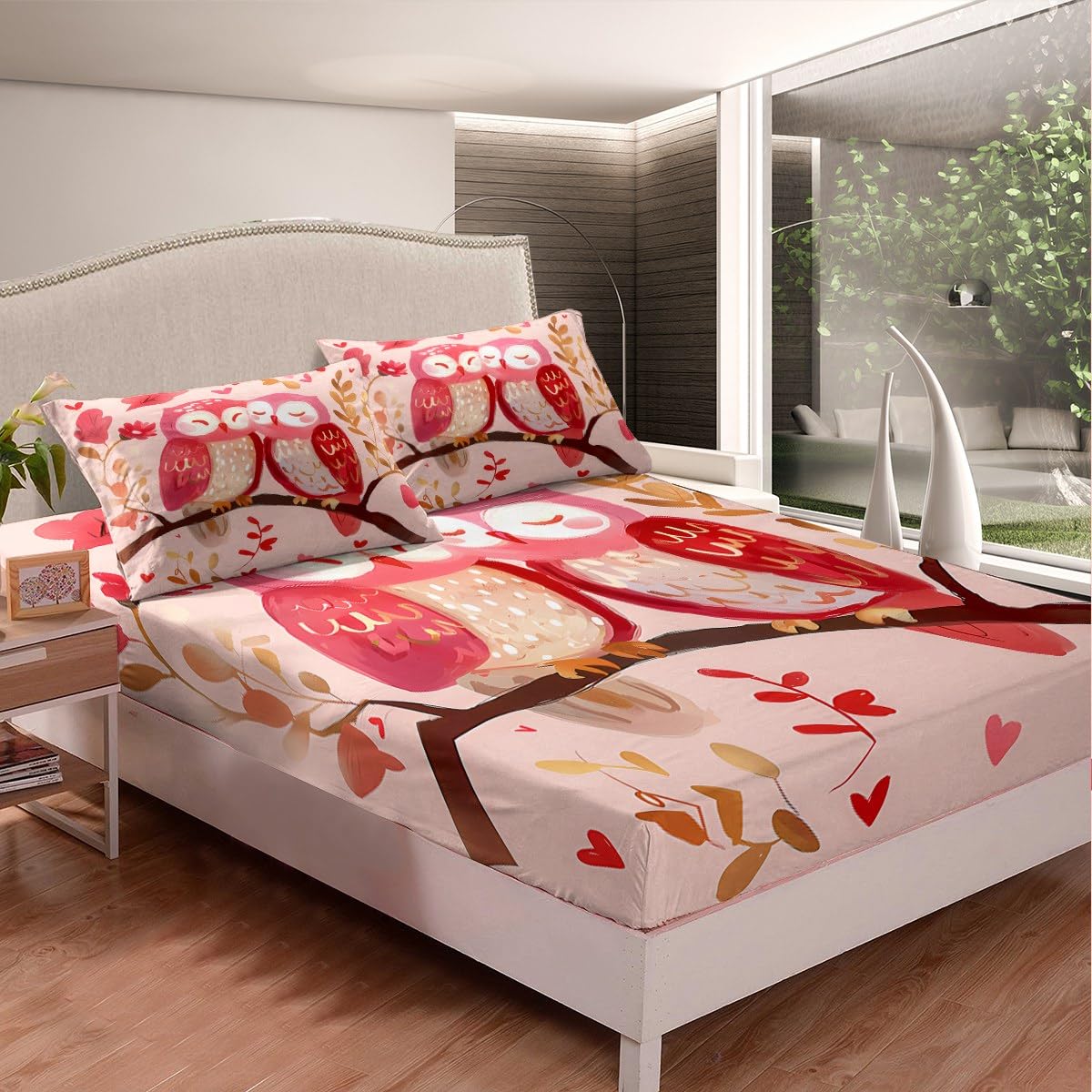 Feelyou Boys Girls Valentine's Day Bedding Set Full Size, Cute Owl Bed Sheet Set Red Heart Fitted Sheet Kids Romantic Teens Bed Cover Bedroom Decor Lightweight Bed Set (No Flat Sheet)