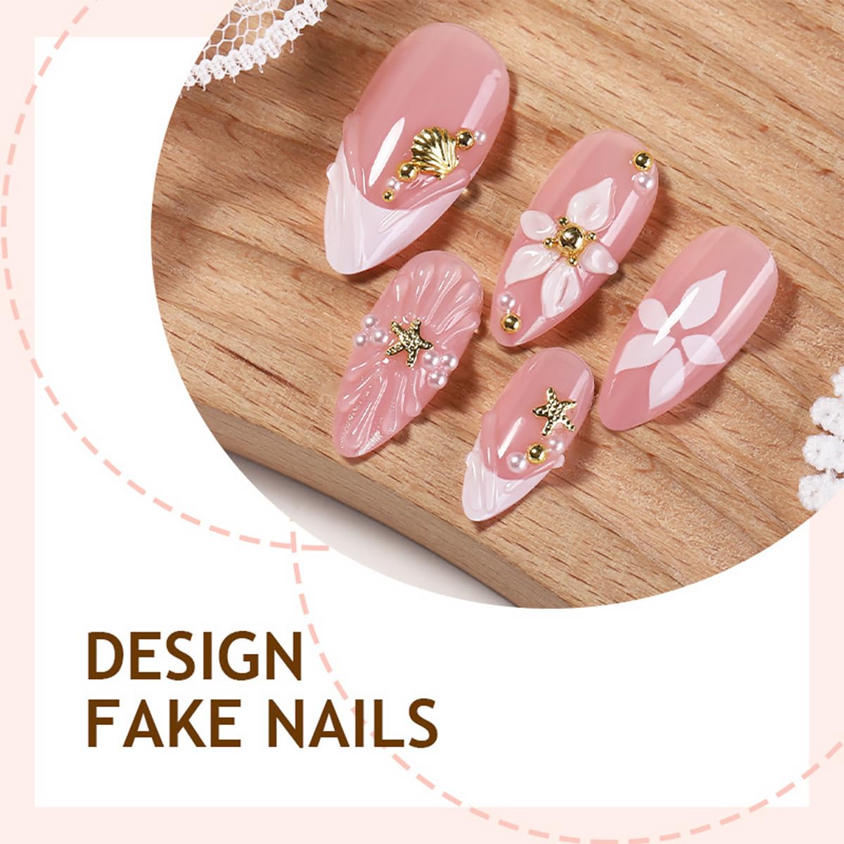 24Pcs Flower Press on Nails Medium Almond Fake Nails White French Tip with Gold Shell Star Rhinestones Design Nude Full Cover Artificial Stick on Nails Spring Glue on Nails for Women Acrylic Set