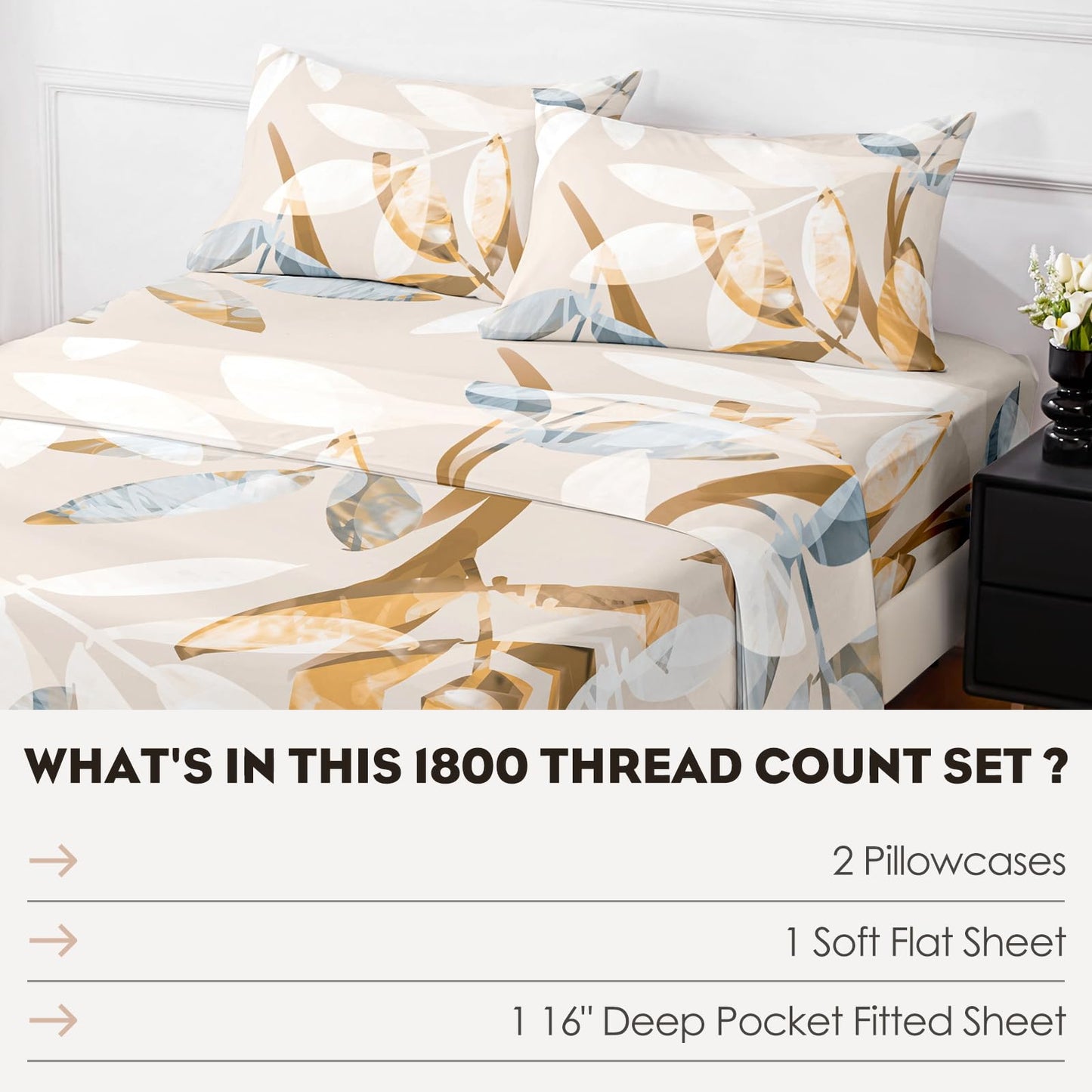 HCORA Floral King Size Sheets Set, Luxury 1800TC Hotel Quality Double Brushed Microfiber Deep Pocket Bed Sheets, Ultra Soft, Breathable and Cooling, 4PC, King