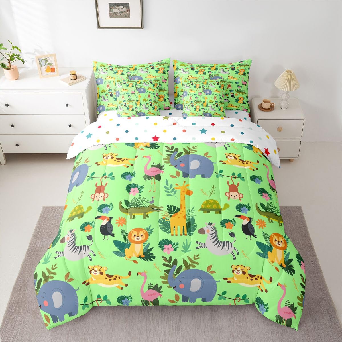 Cartoon Animal Bed in a Bag Queen Comforter Set 7 Piece | Giraffe Tiger Lion Bedding Sets Flamingo Zebra Crocodile Turtle Elephant Comforter and Sheet Set,Jungle Woodland Green Palm Leaves Bed Sets