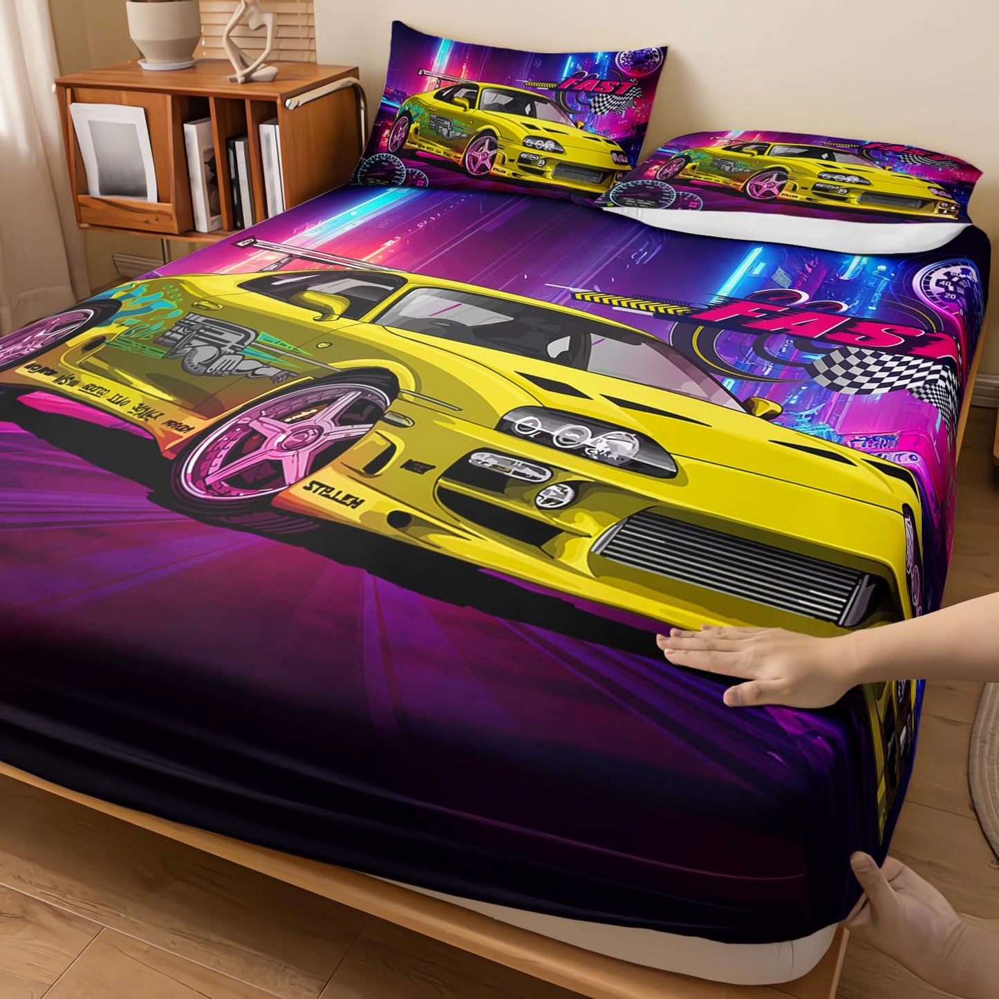 AILONEN Yellow Racing Car Fitted Sheet Queen Size, Extreme Sport Bedding Set for Kids Boys,Sports Race Car Bed Sheet Set,Cool Speed Dial Bedsheets Set,3 Pieces,1 Fitted Sheet and 2 Pillowcases