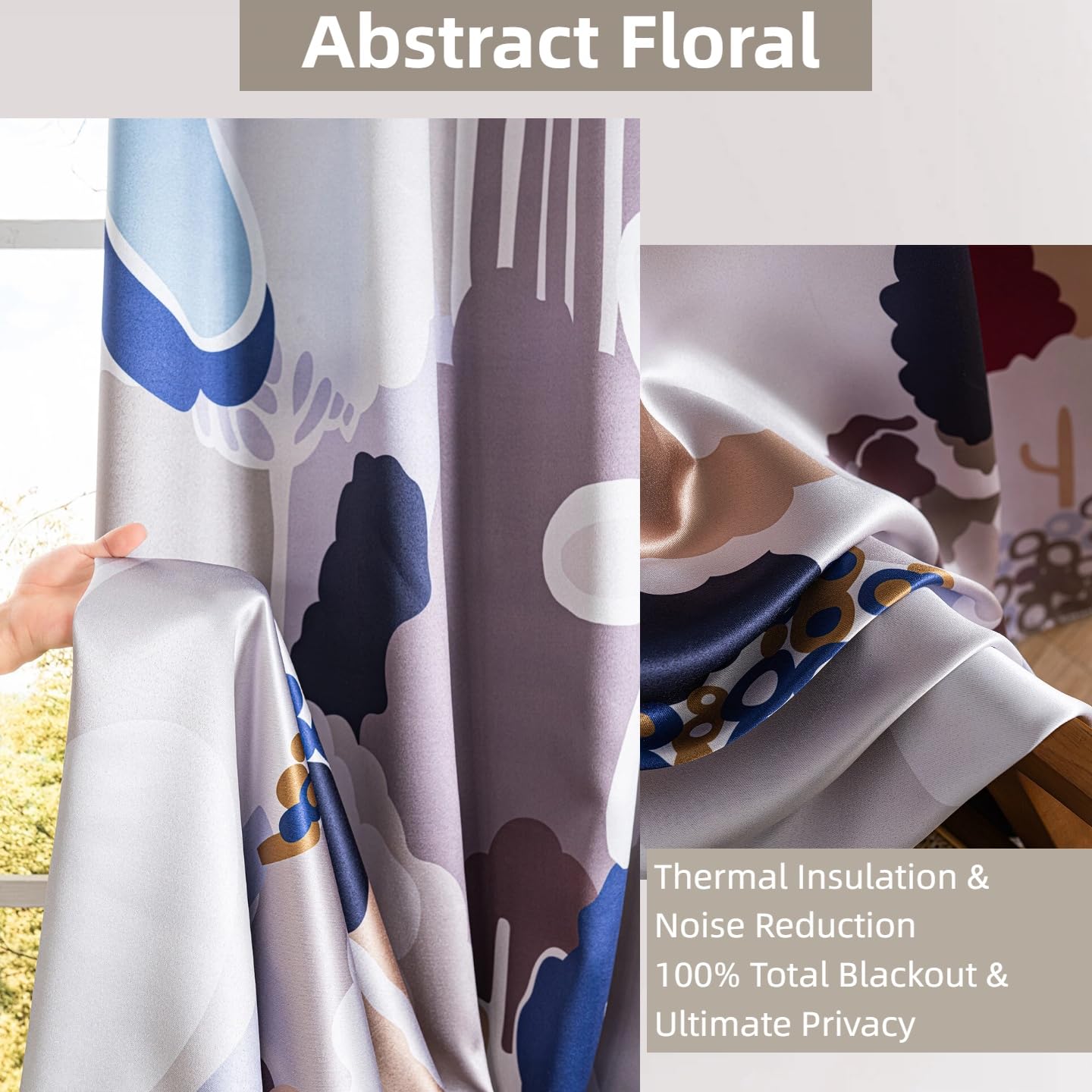 100% Blackout Curtains for Bedroom 84 inch Long 2 Panels Set Grommet Gray Blue Abstract Geometric Floral Patterned Black Out Curtains Room Darkening Window Drapes Treatment for Living Room, 52Wx84L