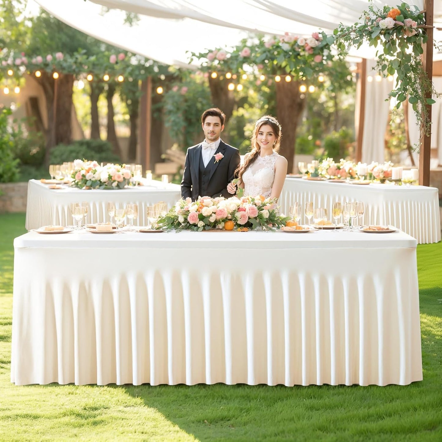Besutolife 2 Pack Ivory Spandex Tablecloth for 6ft Rectangle Tables Fitted Table Cloth Stretch Table Covers Skirt 6ft Rectangular Tablecloths for Banquet Parties Wedding Decorations