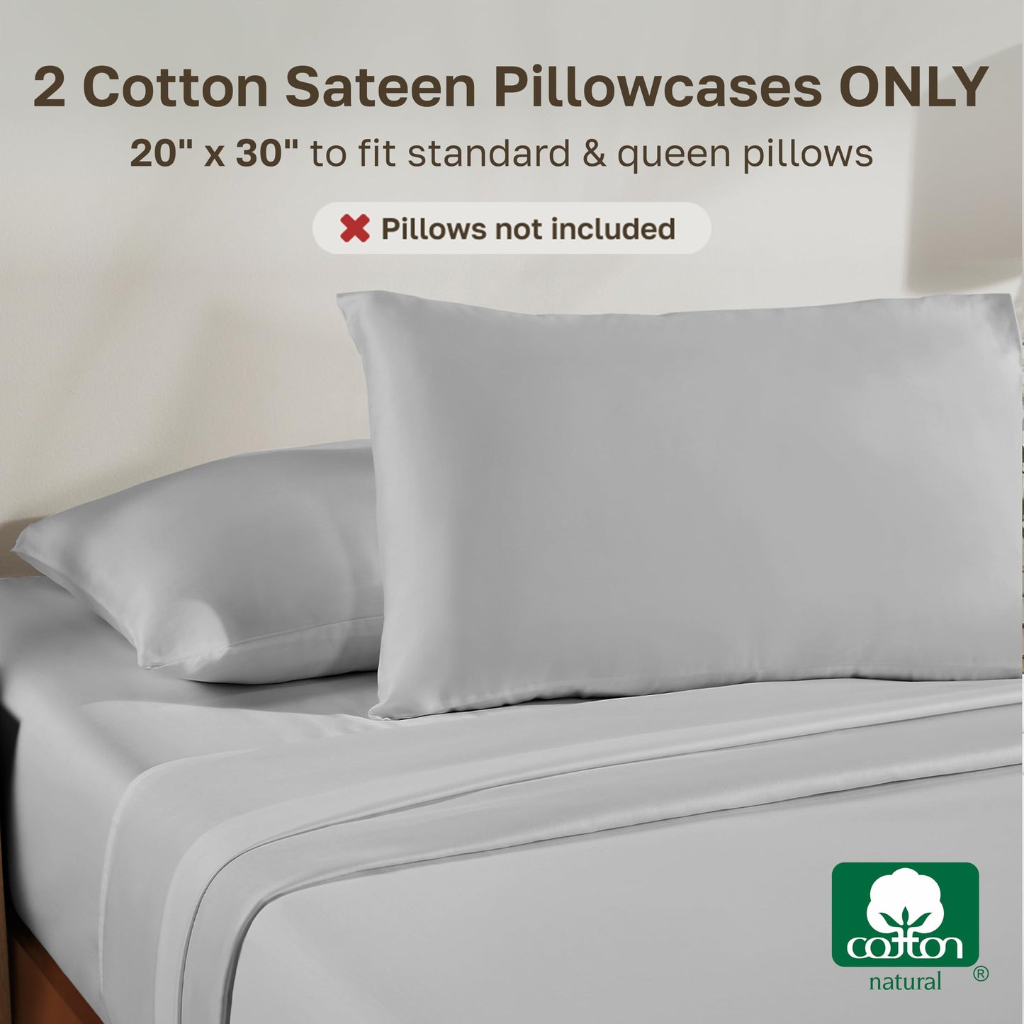 California Design Den 100% Cotton Pillow Cases Standard Size Set of 2, Soft Sateen Weave Pillow Cases Queen (Light Grey)