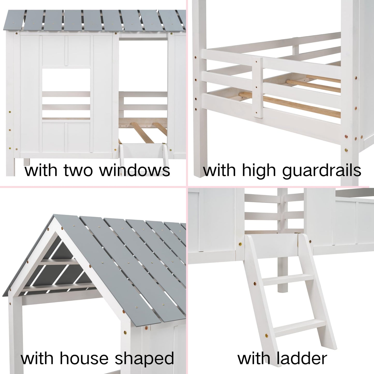Twin Size Wooden House Bed with Ladder, Kids Low Loft Bed with Two Front Windows, White