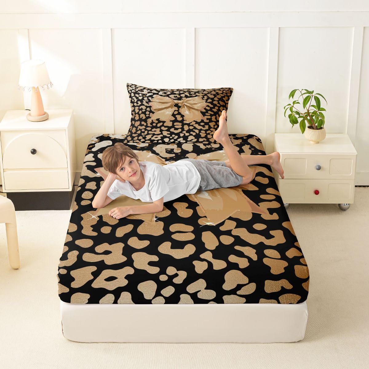 jejeloiu Brown Bowknot Fitted Sheet Twin Size for Kids Boys Girls Dreamy Princess Style Bed Sheets Set 16" Deep Pocket Soft Breathable Microfiber Cute Leopard Bow Bedding with 1 Pillowcase Room Decor