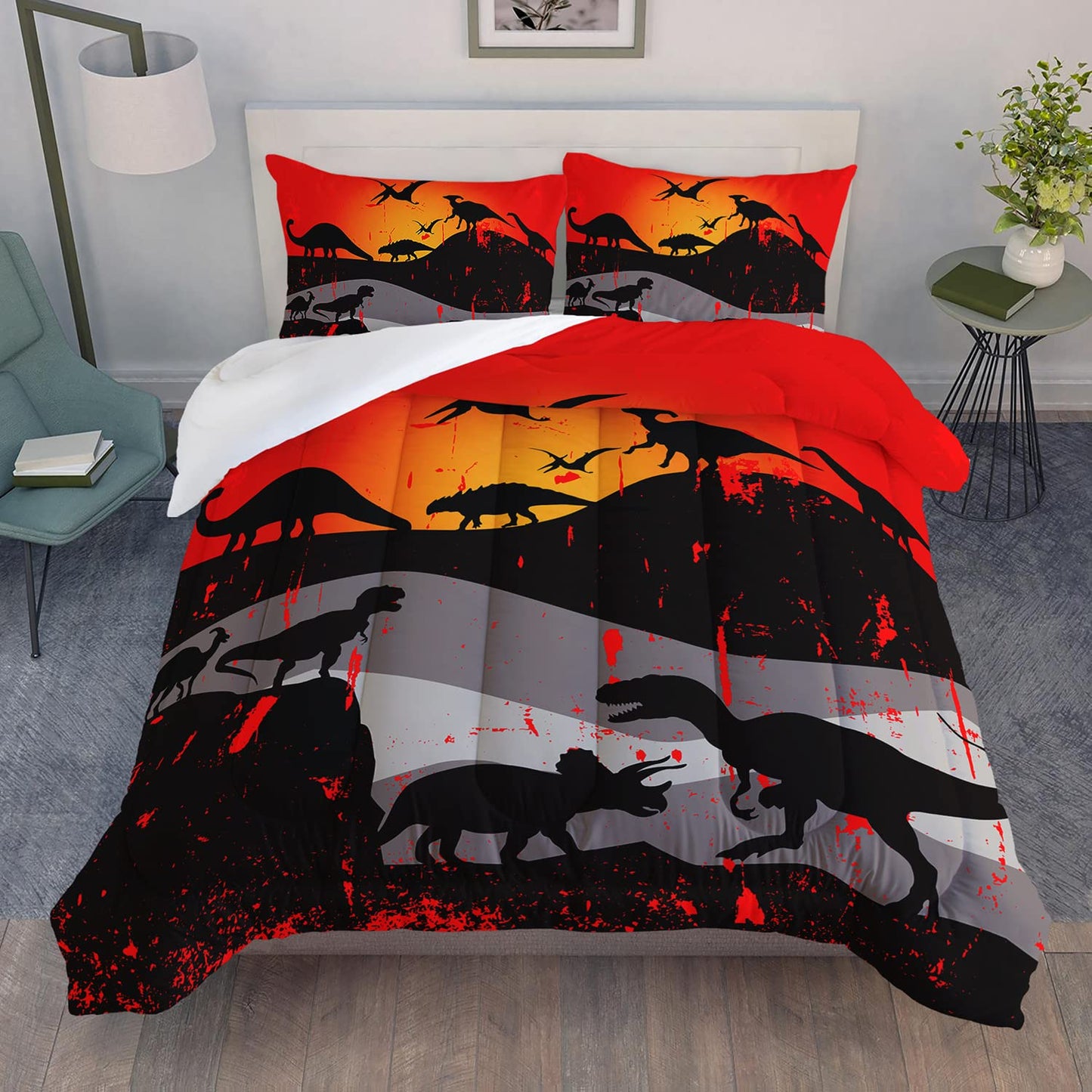 XYNHML Cartoon Dinosaur Comforter Set Twin 3Pc Kawaii Dinosaur Bedding Set All Season with Tree, Leaf Decoration Includes 1 Comforter, 2 Pillowcases for Kids Girls Teens
