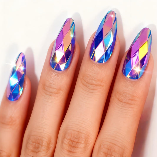 RUOKEXIN Almond Press on Nails Medium Length Fake Nails Purple Chrome False Nails with 3D Rhombus Designs Full Cover Nail Press ons Sparkly Artificial Nails for Women 24Pcs