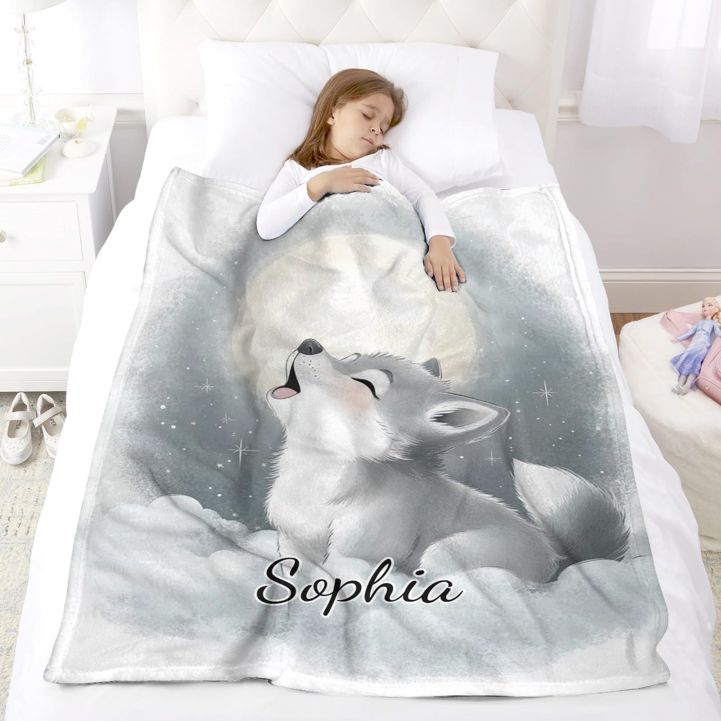 Xaviynch Cute Howling Wolf Blankets, Custom Blanket with Names - Personalized Anniversary Wedding Valentine's Day Gift Blankets for Him Her