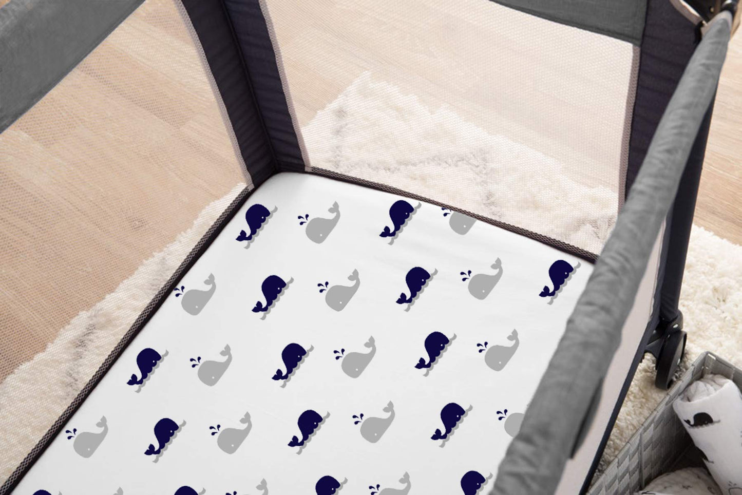 TL Care 2 Pack 100% Natural Cotton Fitted Pack and Play Sheets 39" x 27" - Soft & Breathable Pack N Play Sheets for Playard & Mini Crib Mattress, Navy Whale/Gray Zigzag, for Boys & Girls