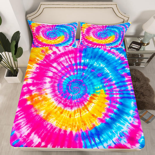 Tie Dye Fitted Sheet Bohemian Hippie Hippy Bedding Set Full Size for Kids Boys Girls Boho Psychedelic Sheet Set for Teens Adult Gypsy Watercolor Bed Cover for Bedroom(Flat/Top Sheet not Included)