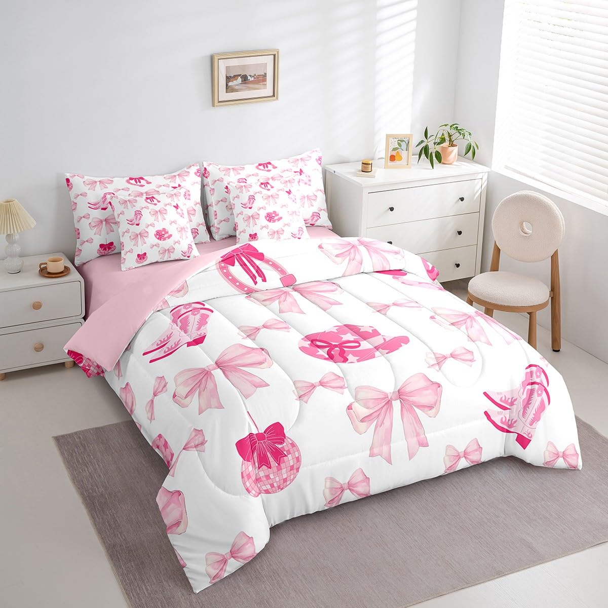 Erosebridal 7 Piece Western Cowgirl Comforter Set King Bed in a Bag,Pink Bowknot Bow Bedding Set for Girls Women,Rustic Farmhouse Quilt,Vintage Cowboy Hats Boots Duvet Set,Funky Disco Ball Sheet Set