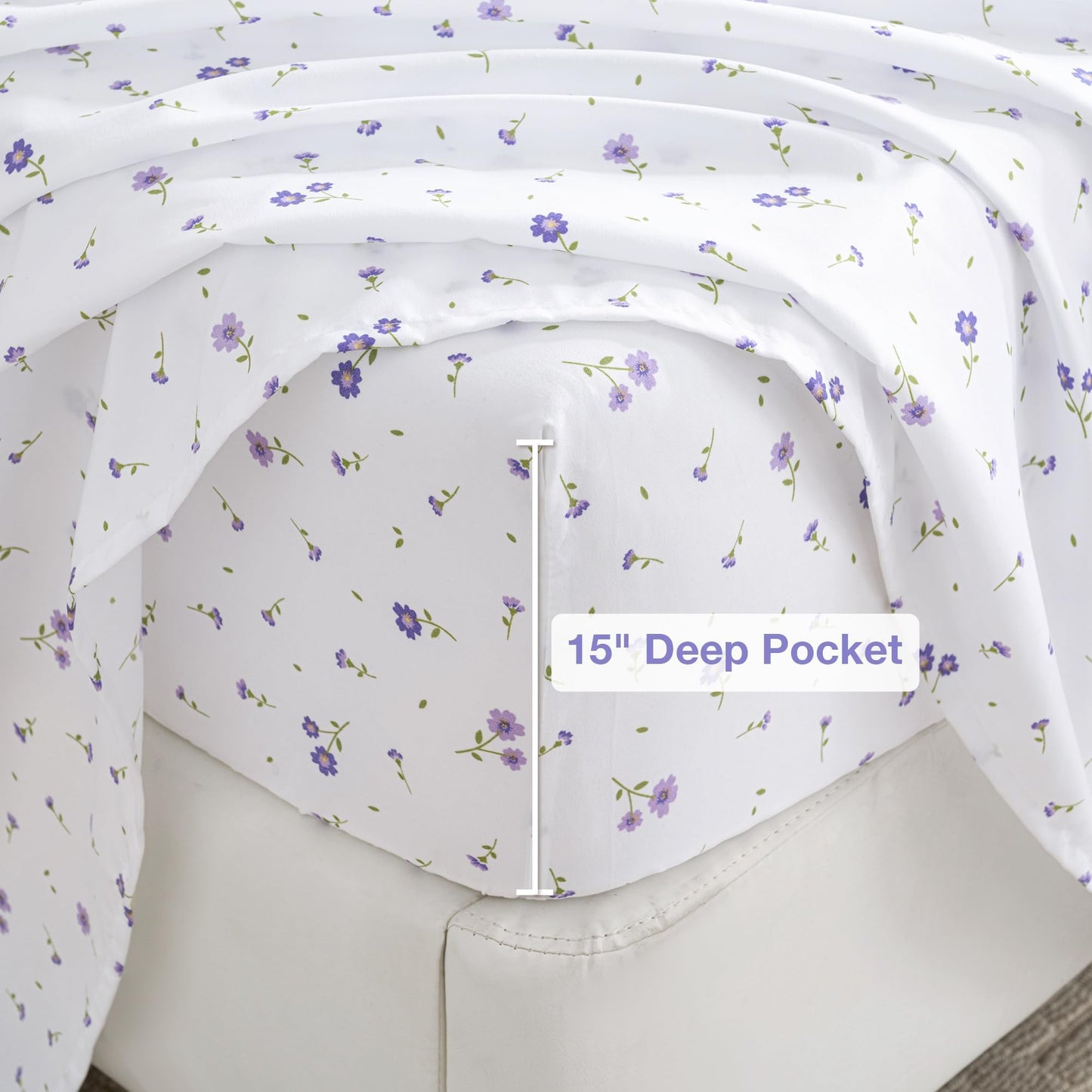 Softan Floral Full Sheet Set Purple Flower Printed Bed Sheets Double, Cozy Microfiber Patterned Fitted Sheets with 15" Deep Pocket & Non-Slip Straps, Cute Purple Sheets and Pillowcase Set