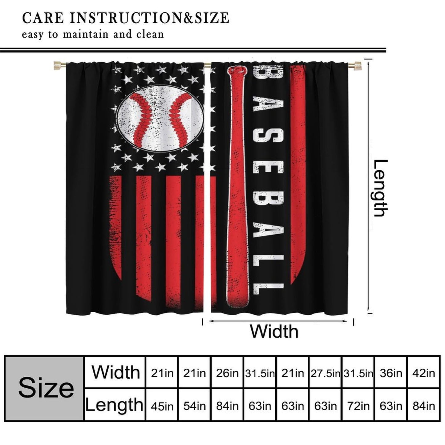 Baseball Curtains Home Décor,Sports Themed Flag Design Darkening Window Treatments for Teens Girls Boys Bedroom Living Room Drapes 2 Panel Sets Total Size 42" x 45"Black Red