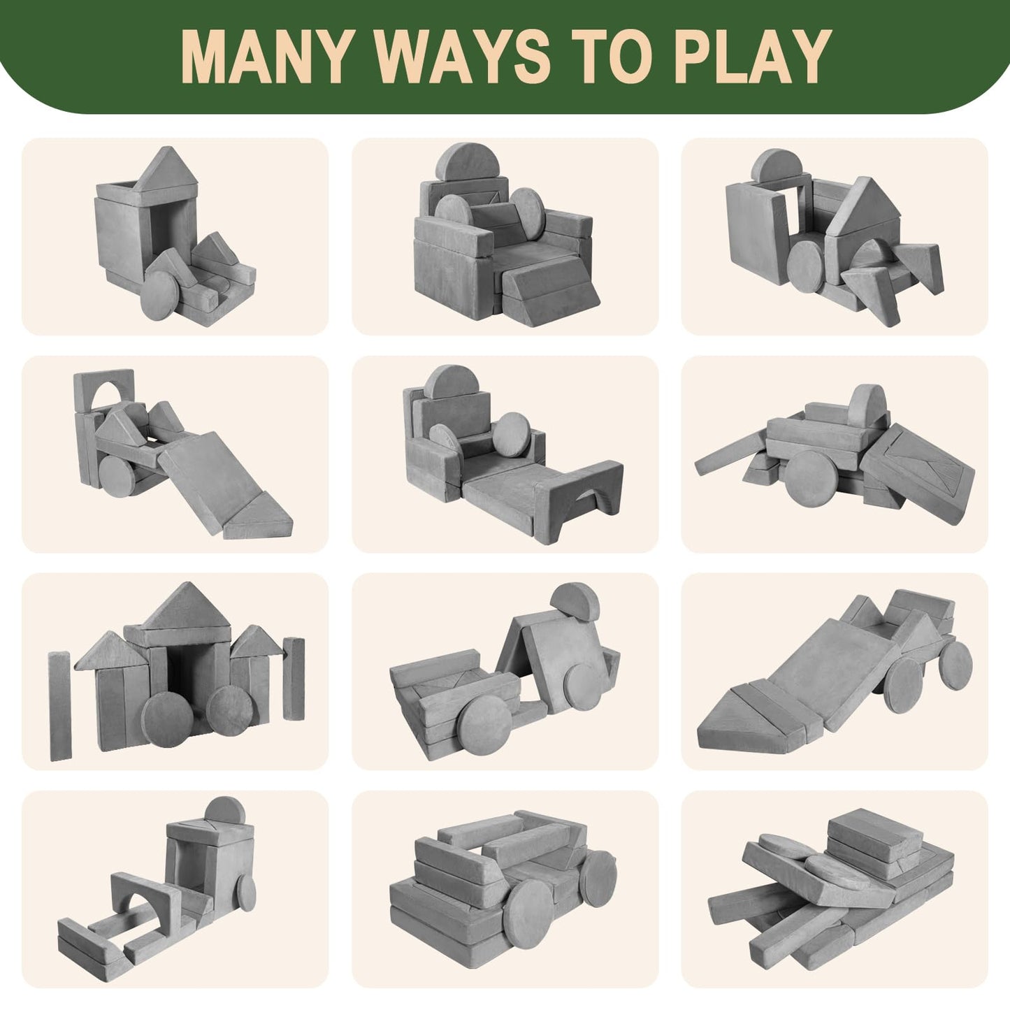 Kids Play Couch 15PCS, Modular Foam Sofa, Convertible Kids Play Set
