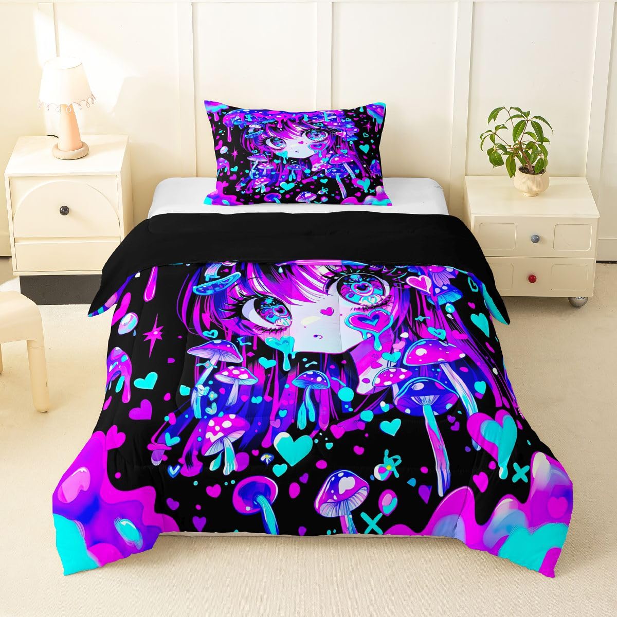 Erosebridal Japanese Girl Bedding Twin,Cartoon Girly Comforter Set 3D Anime Gifts Bed Sets Colorful Graffiti Print Duvet Insert 2 Pieces