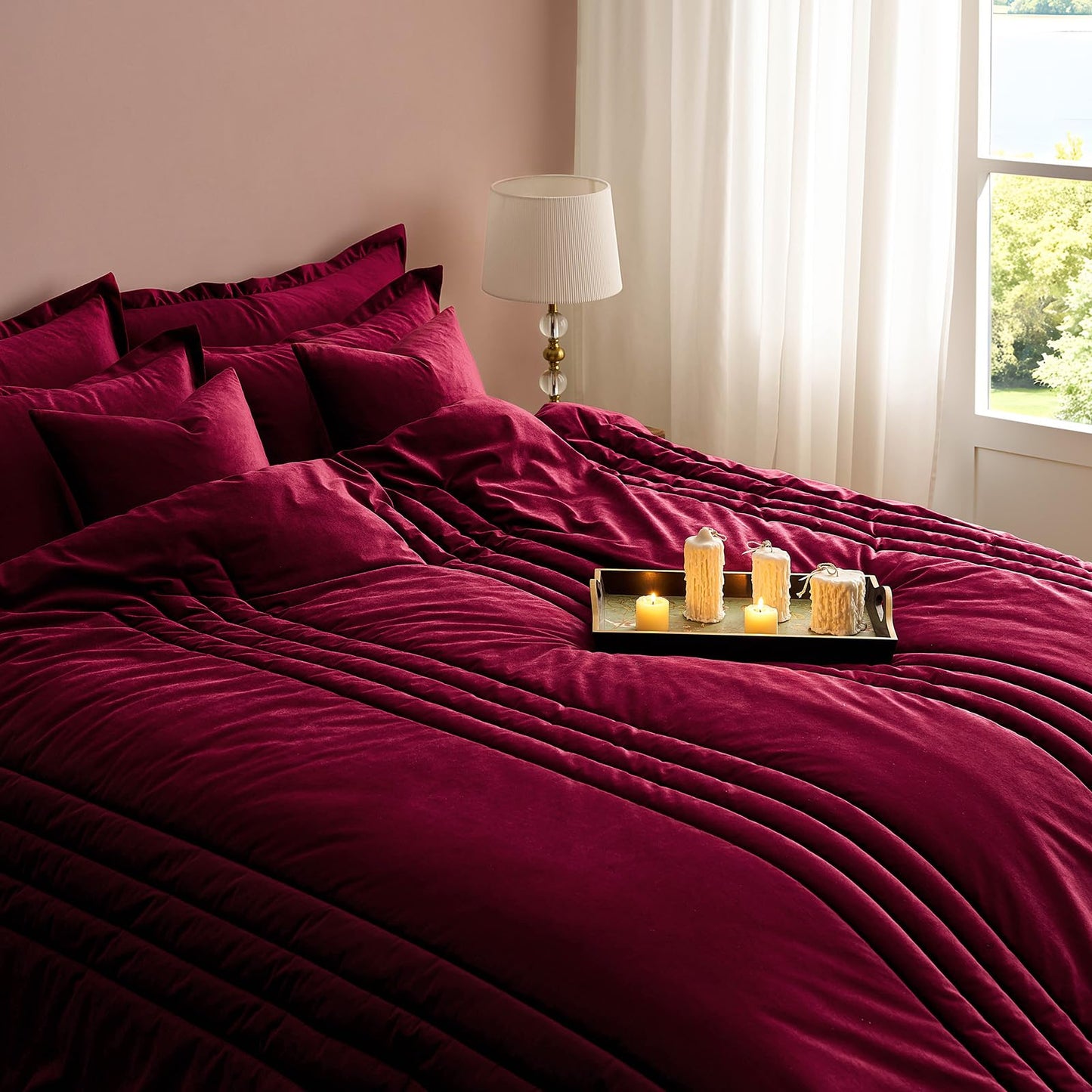Burgundy Velvet Bedding Comforter Sets: Queen Size 3 Pieces Luxury Ultra Soft Bed Set Suitable for All Seasons - Cozy Striped Modern Rustic Lightweight Men Women Bedroom Queen Comforter with 2 Shams