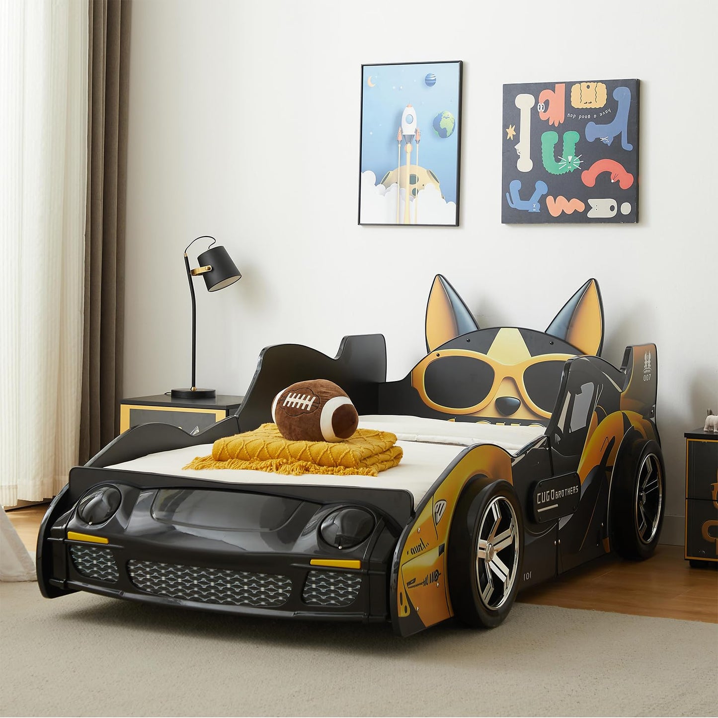 LKTART Twin Size Car Bed for Kids, Cartoon Dog Race Car-Shaped Wooden Platform Bed Frame with Headboard Wheels, LED Lights and Support Slats for Boys Toddlers Child