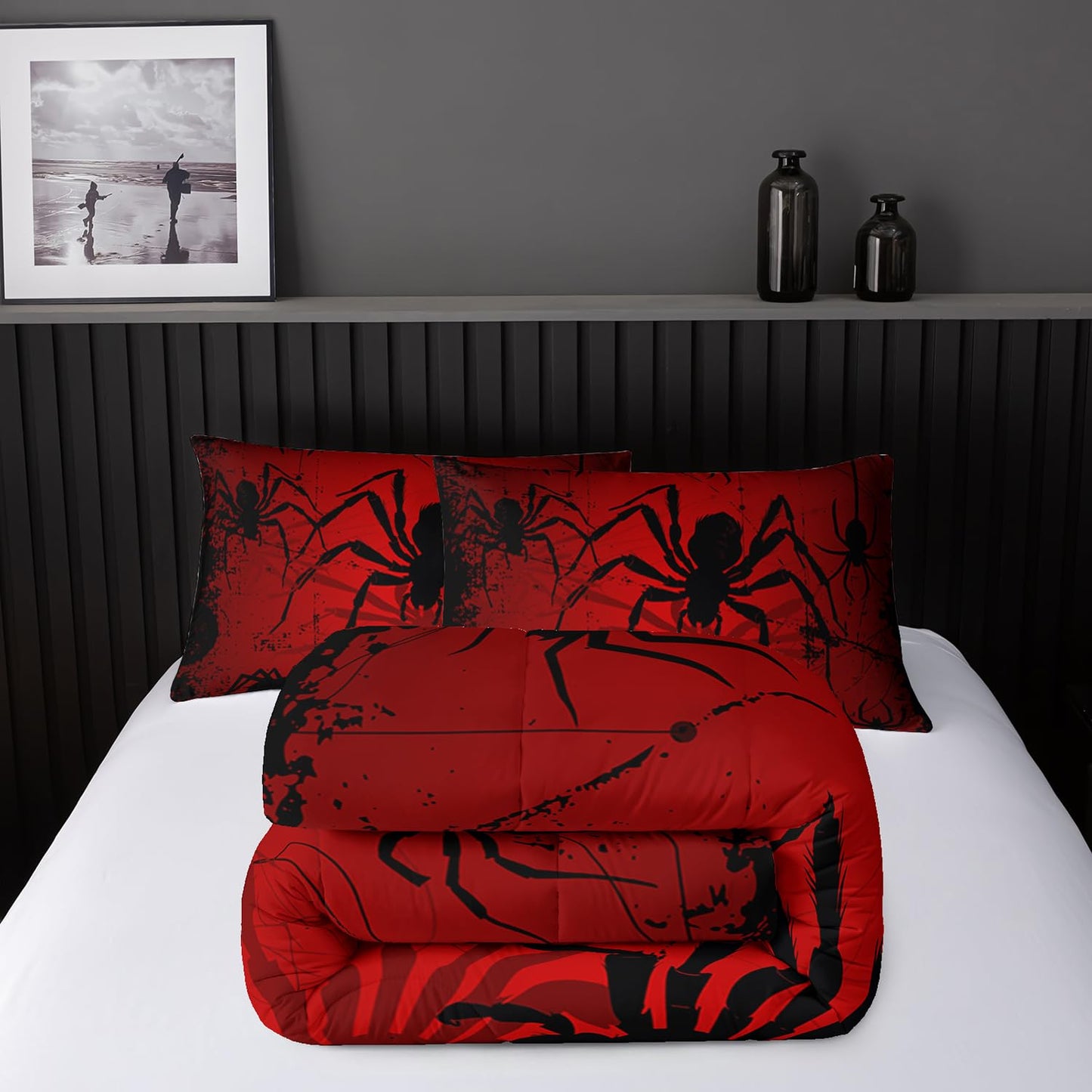 Nttopship Boys Spider Printed Comforter Set Bed in A Bag Twin Size 3PCS Red Bedding Set Cool Black Spider Comforter Set Girls Boys Kids Comforter Bedding Set with 2 Pillowcases