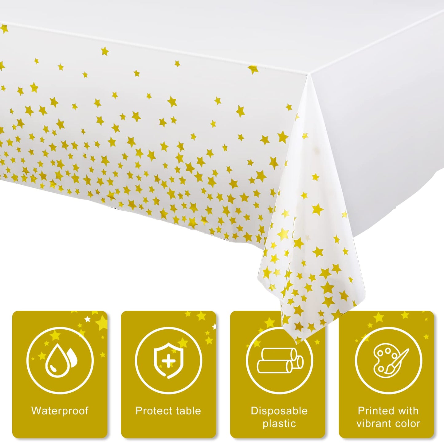 Tudomro 6 Pack Gold Star Tablecloths Under The Plastic Table Cover Disposable White Gold Table Cloth Rectangle Twinkle Little Stars Decor for Bee Birthday Wedding Baby Shower Supplies 108 x 54 Inch