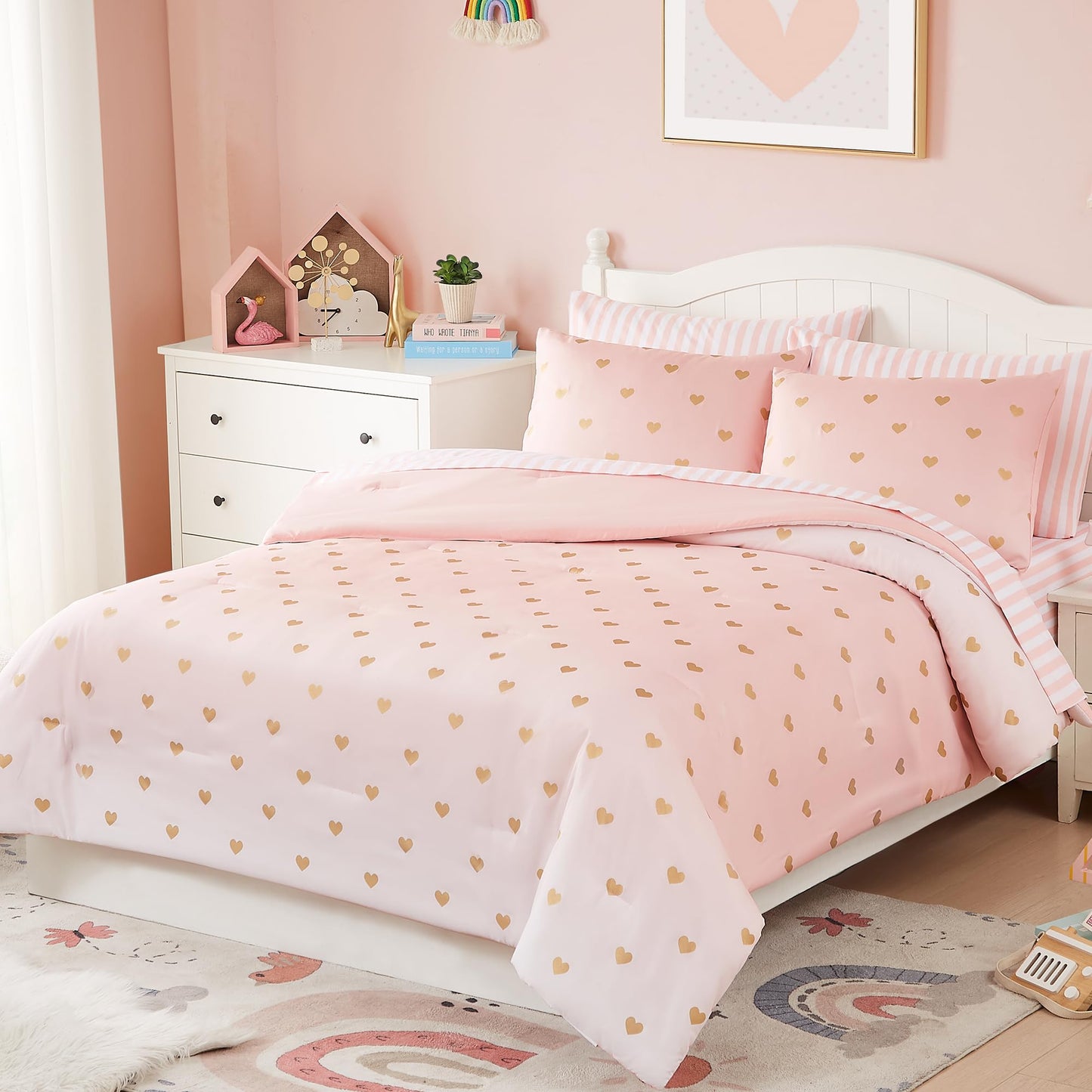 Wink Deer Twin Comforter Set with Sheets for Girls-5 Pieces Twin Bedding Sets with Pink White Gradient Ombre Comforter, Sheets, Pillowcase & Sham for Kids (Gold Heart, 66" X 86")