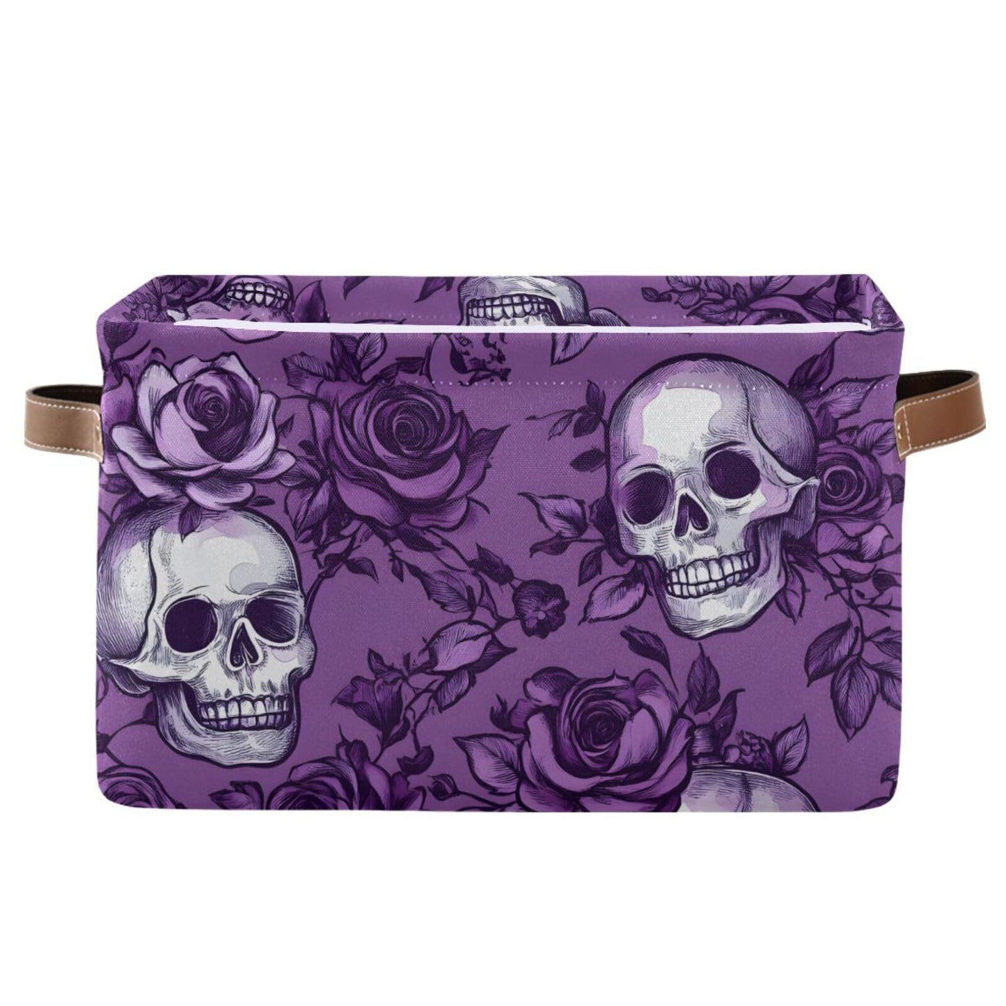 Purple Rose Skull Shelf Storage Baskets,Foldable Storage Bins with Handles,Rectangular Organizer Bin Gift Baskets Decor for Bedroom Home Office