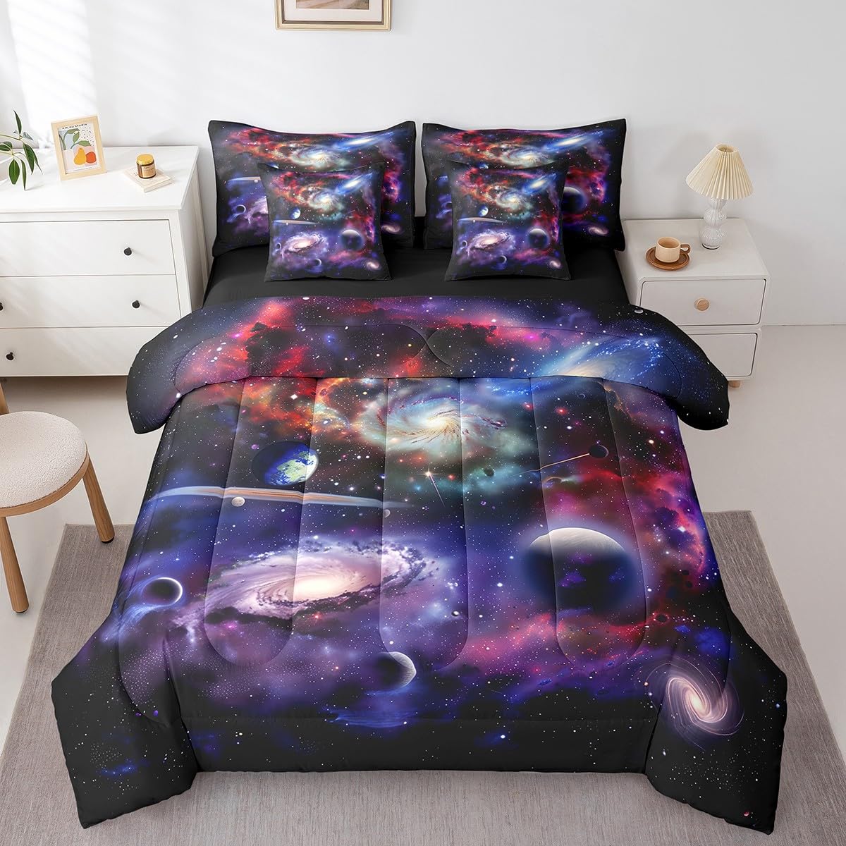 Erosebridal Purple Galaxy Bed in A Bag Starry Sky Quilt with Flat Fitted Sheet Outer Space Universe Planet Bedding Sets 3D Solar System Theme Comforter Set 7 Piece Twin,Purple