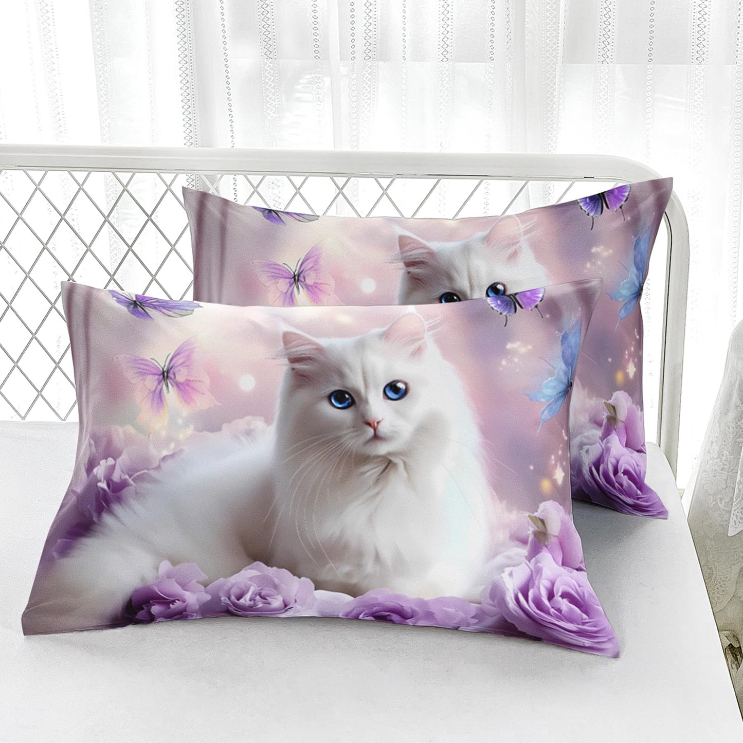 AILONEN Girls Cat Kitten Fitted Sheet Set Full Size,Purple Rose Butterfly Cat Princess Kids Bedding Set,White Cat Fitted Sheet with 2 Pillowcases,Beautiful Cat Bed Sheet Set 3 Pieces