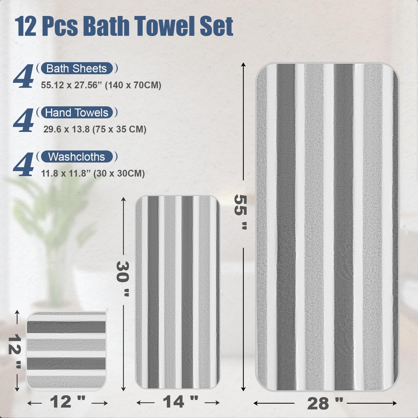 Newwiee 12 Pcs Stripe Bath Towel Microfiber Bathroom Sheet Set Included 4 Highly Absorbent Soft Quick Dry Shower Bath Towels 4 Hand Towel 4 Washcloths for Hotel Gym Spa (Gray,Blue)