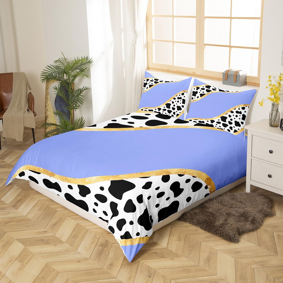 Manfei Cow Print Duvet Cover Set Queen Size, Black White Cow Fur Comforter Cover with 2 Pillowcases, Gold Glitter Bedding Set 3pcs for Kids Girls Teens, Fashion Purple Bedspread Cover,No Comforter