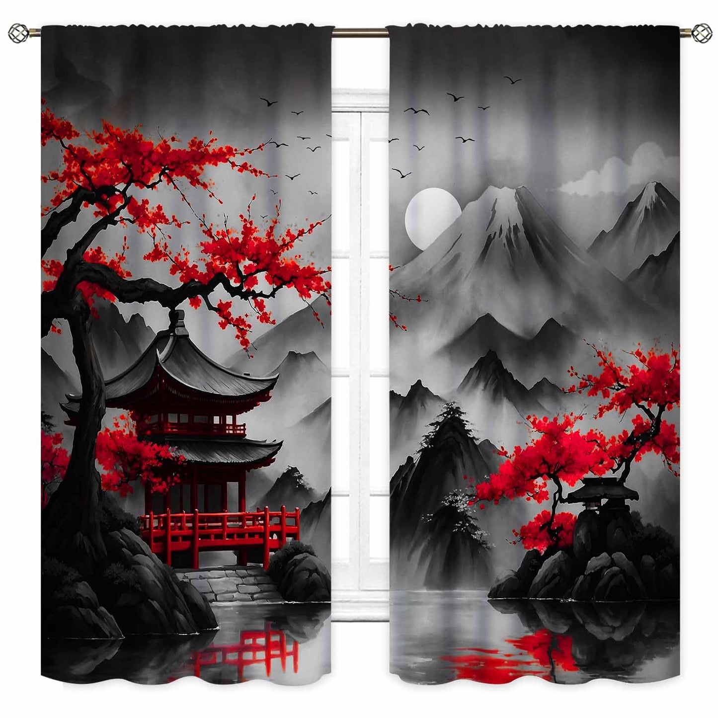 Cherry Blossoms Curtains, Japanese Traditional Ink Painting Red Floral Plum Blossom Asian Oriental Nature Mountains Landscape Window Drapes Treatments for Bedroom Living Room Kitchen, 42"x45" Inch