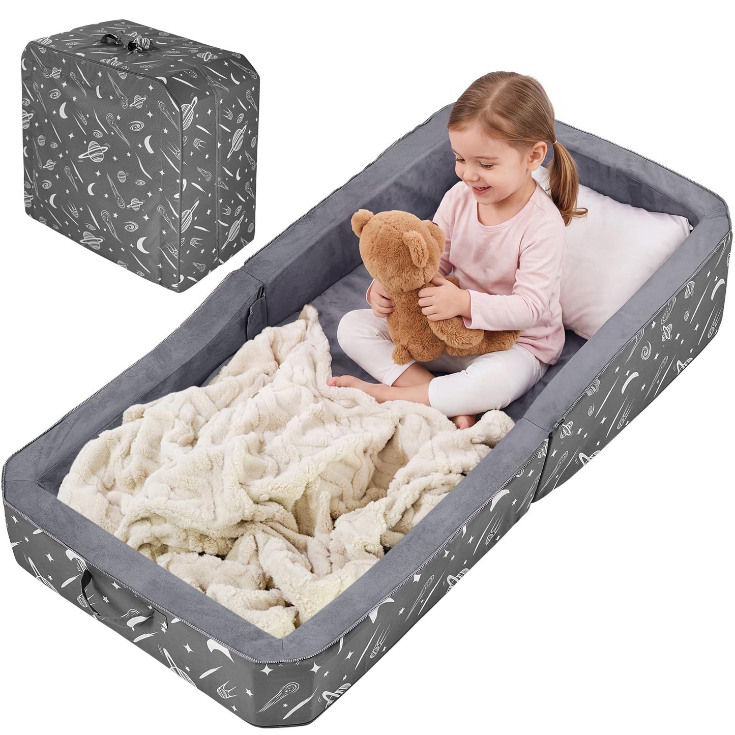 JOYWOO Toddler Floor Mat, Toddler Travel Mats for 3-6, Foldable Portable Foam Mat for Home/Playroom/Hotel, Kids Floor Mats with Washable Cloth Cover, Playmat Foam Pad for Kids, Charcoal