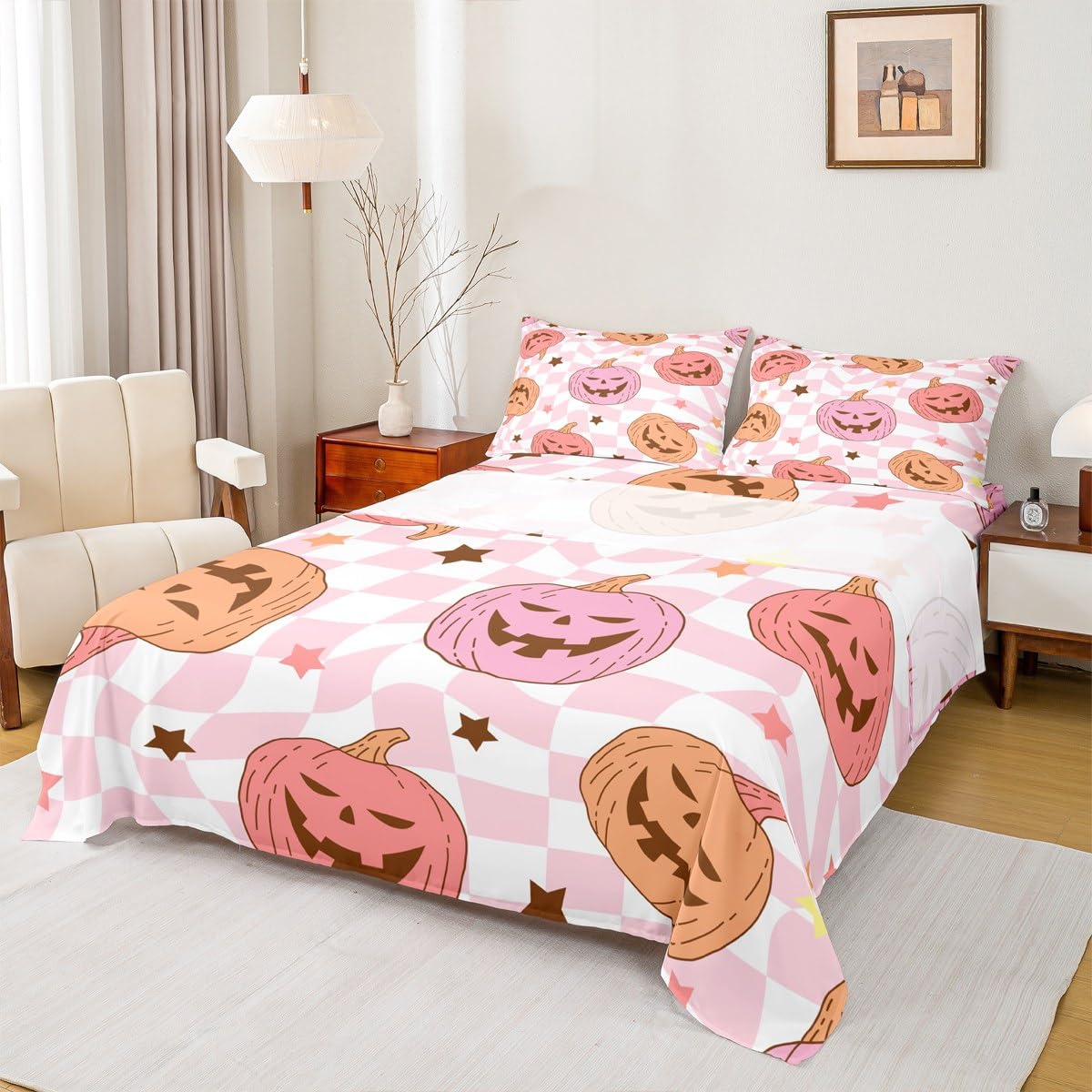 Feelyou Pink Halloween Bed Sheets Set Full Size Halloween Decor Bed Set for Kids Boys Girls Pumpkin Deep Pocket Fitted Sheet Trick or Treat Breathable Soft Lightweight Microfiber