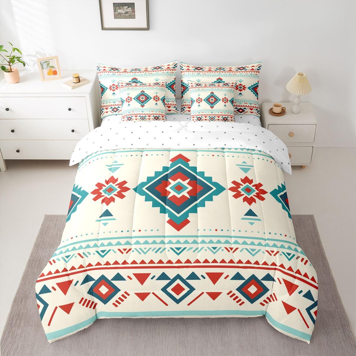 Erosebridal Aztec 7 Piece Bedding Set Queen Geometric Comforter Set with Sheets Diamond Boho Tribal Striped Art Bed in a Bag Cartoon Southwestern Ethnic Style for Teens Men Women