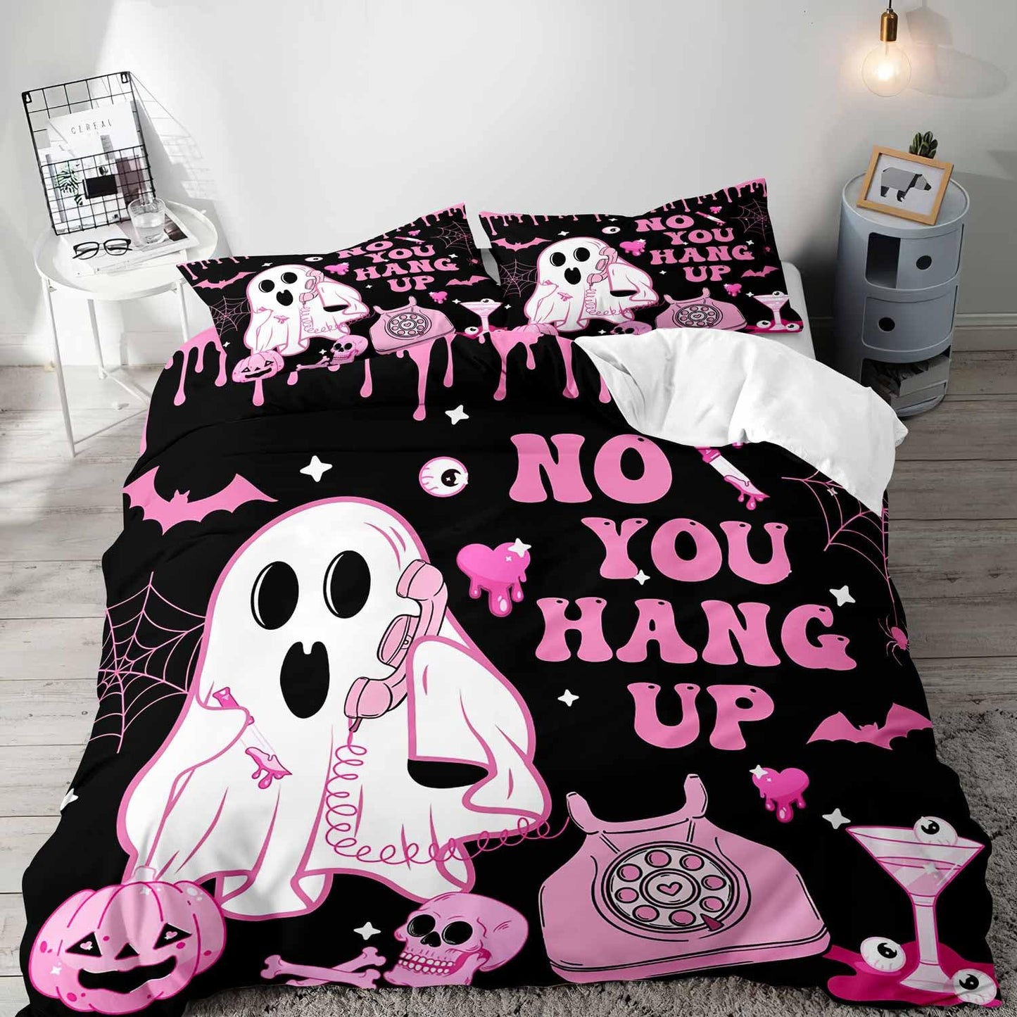 LUVIVIHOME 3PCS Cute Pink Ghost Duvet Cover Queen Bedding Sets, Girls Boys Kids Bedding, Black Duvet Cover, Funny Spooky Pumpkin Skull Bat Spider Web Eyeballs Halloween Comforter Cover, 2 Pillow Cases
