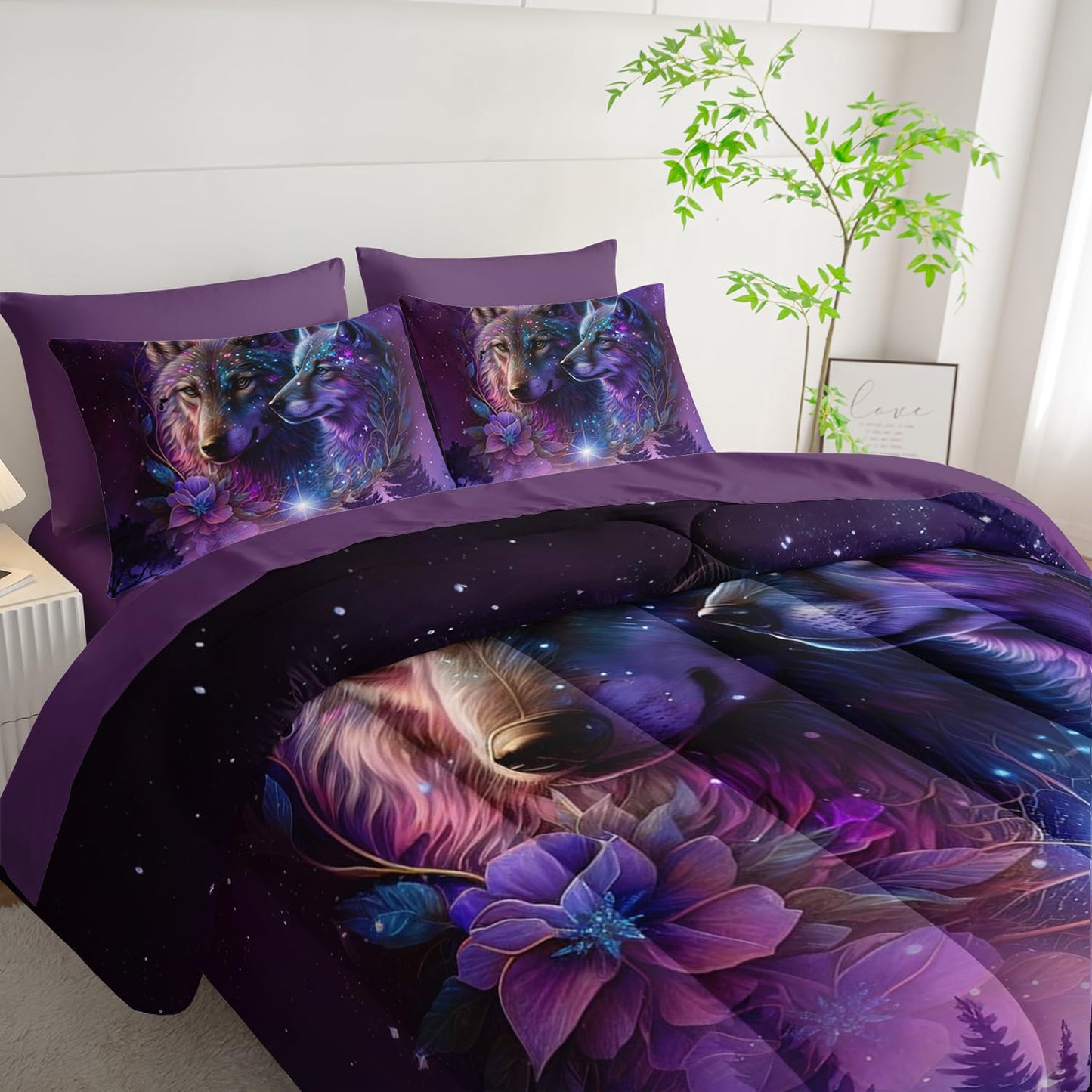 Tuzaovy Wolf Comforter Set 7 Piece Twin Size Bed in A Bag,Animal Bedding for Room Decor,Soft Purple Wolf Comforter Rose Bedding with Fitted Sheet,Flat Sheet, Pillowcases & Shams