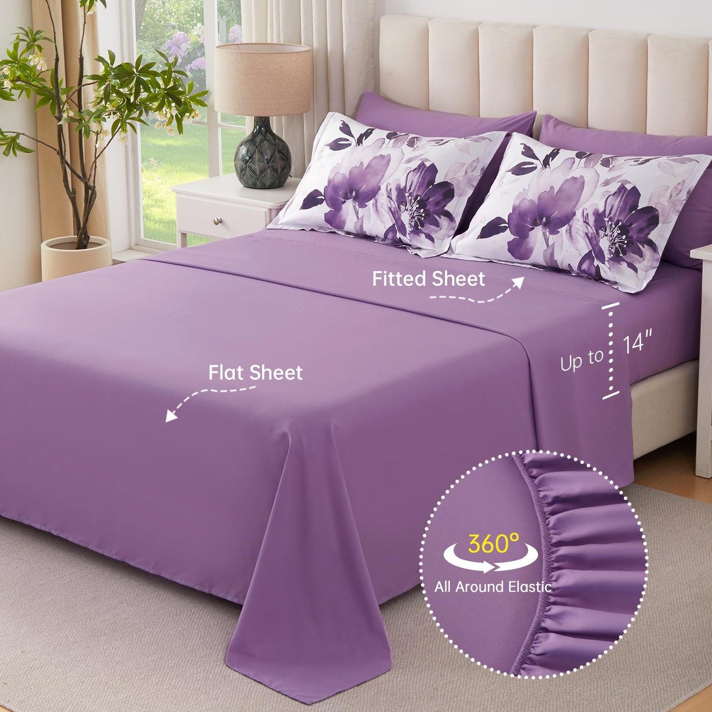 Luxudecor Floral Comforter Set Queen Size, 7 Piece Purple Flower Set Bed in a Bag,Soft Microfiber Farmhouse Shabby Chic Bedding Set for All Seasons(90"x90")