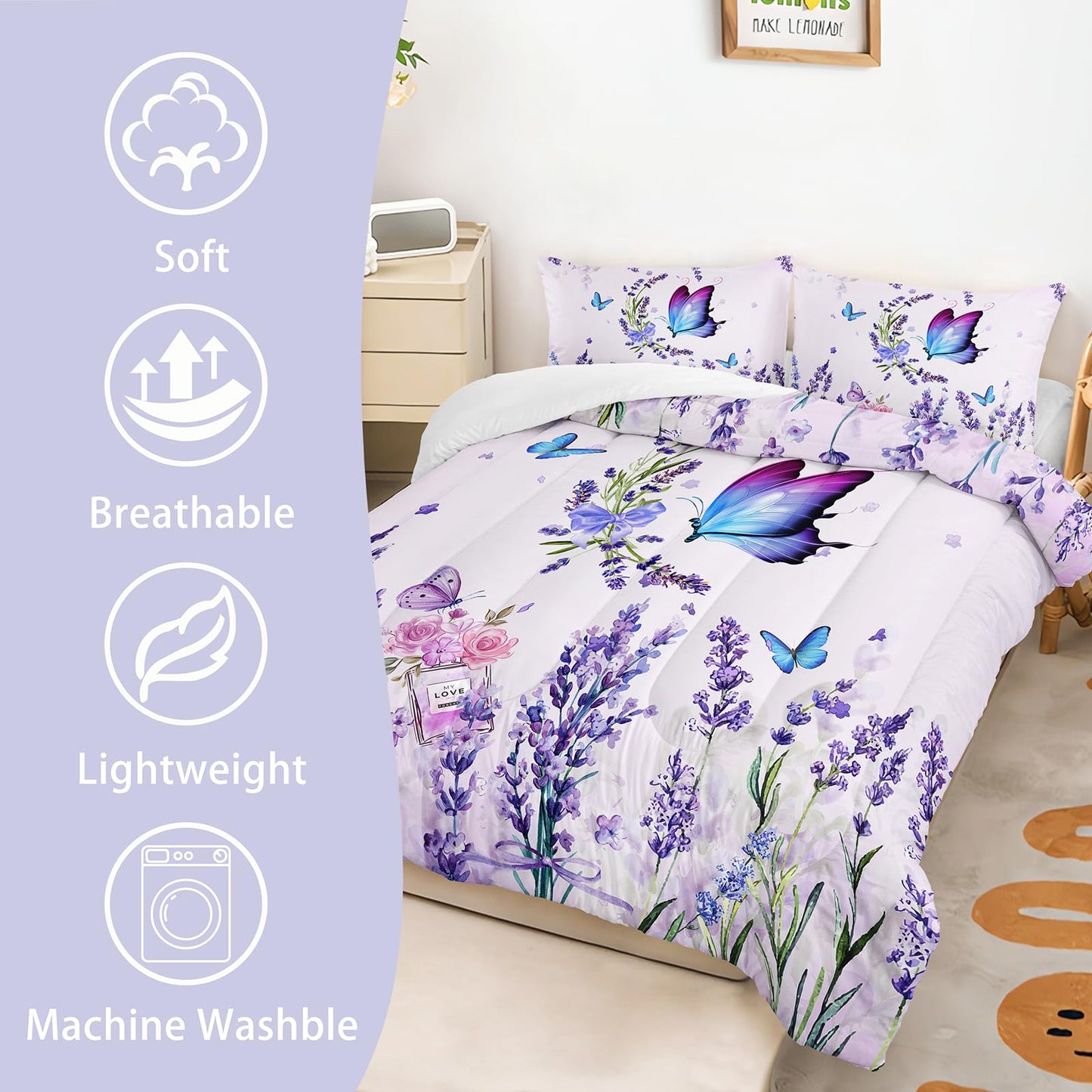 AILONEN Purple Butterfly Comforter Set Twin- Lavender Flower Butterfly Bedding Set for Kids Girls Women,3-Piece Bedroom Soft Microfiber Beautiful Comforter & 2 Pillowcases