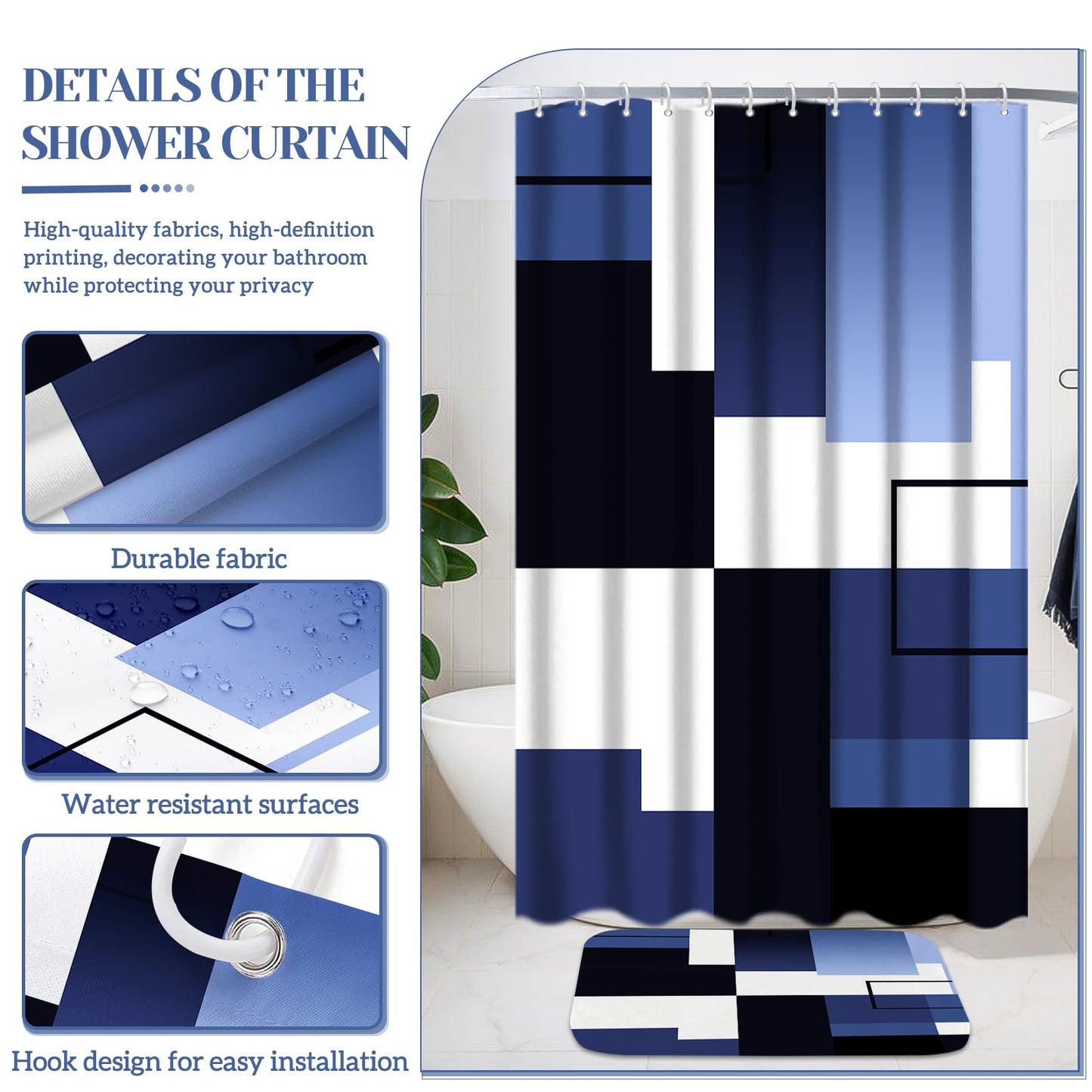 KINUUIS 4 Pcs Navy Blue Geometric Bathroom Shower Curtain Sets with with Toilet Lid Cover and Non-Slip Rugs,Navy Blue Bathroom Decor Sets with Shower Curtain and Rugs for Bathroom