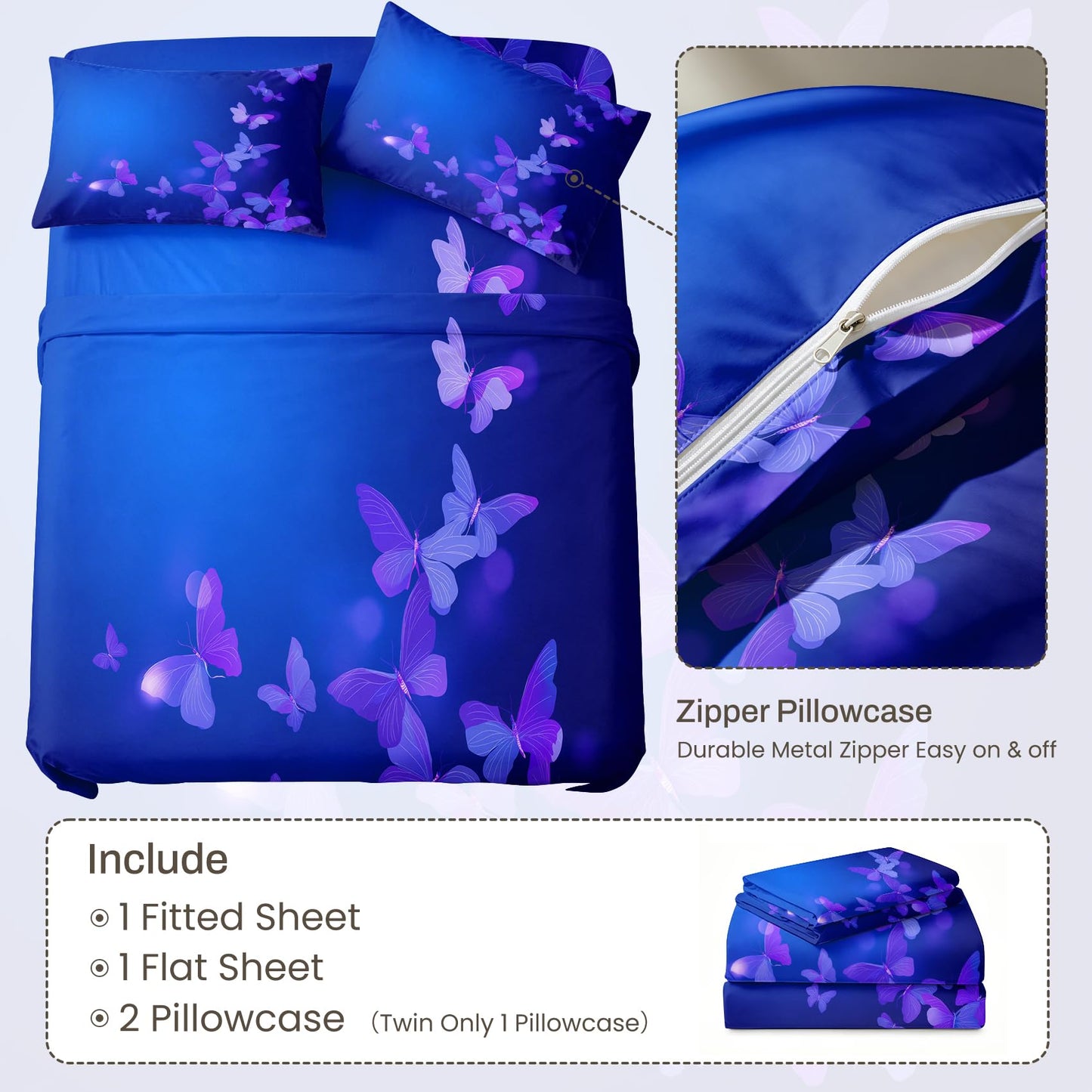 Purple Butterfly Full Sheet Set 4 Pcs Grils Butterflies Bed Sheets