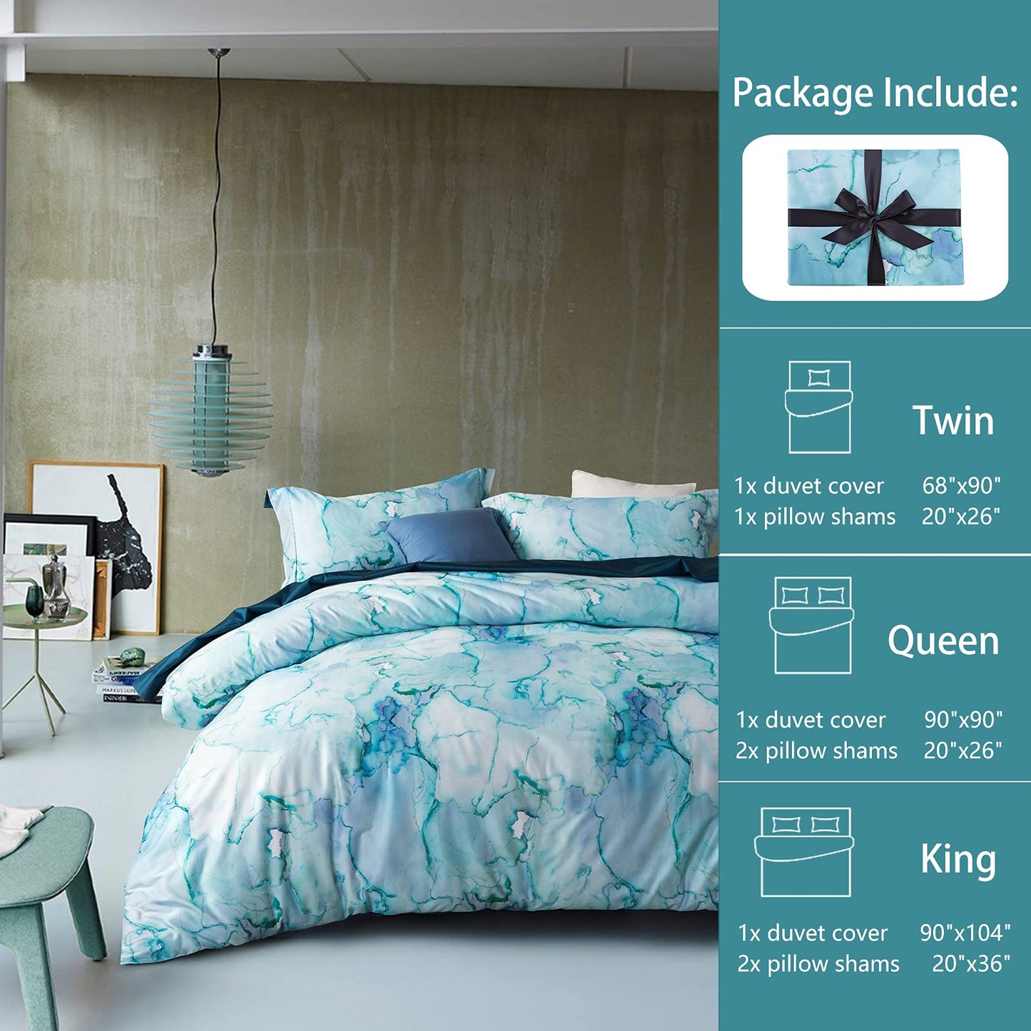 MILDLY Floral Duvet Cover Set - 100% Long-Staple Cotton Aqua Watercolor Marble Pattern Printed Comforter Cover 3pcs Soft Breathable Luxury Bedding for All Season