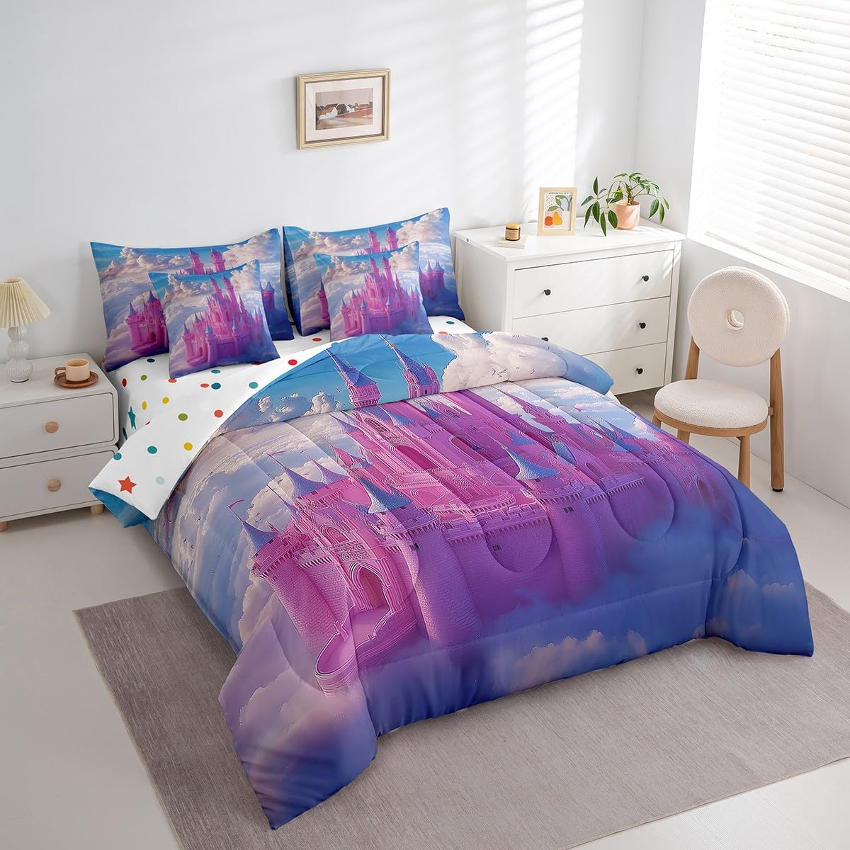 Erosebridal Princess Castle Comforter Set King,Girls Dreamy Fairy Tale Bedding Set 7Pcs for Kids Boys Teens,Fantasy Sky Cloud Bed in a Bag